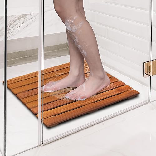 Miniatura 5 de VaeFae Tapete de ducha de teca, antideslizante, tapete de spa de lujo, tapete de madera para bañera, 20 x 20 pulgadas