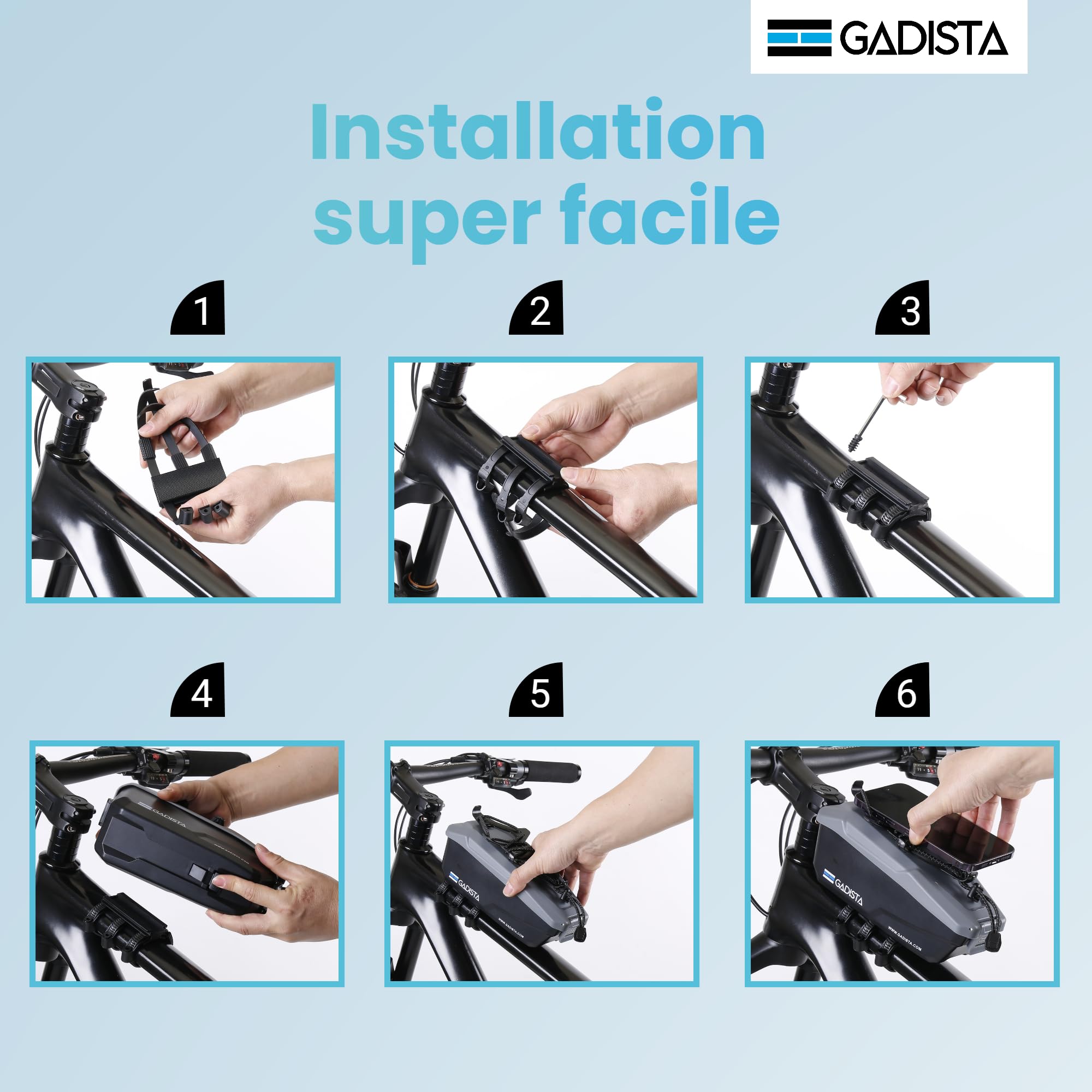 GADISTA France, Sacoche Velo Cadre Etanche pour Telephone Tactile 6.8" VTT, Cadeau Homme Noel, Accessoire Velo Indispensable (Téléphone Externe + Rangement séparé)