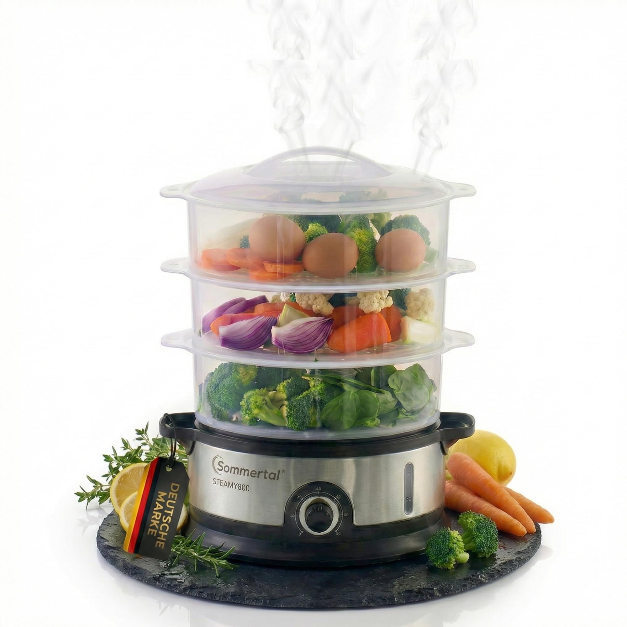 Sommertal Steamy800 Ammortizzatore 800 W 3 strati pentola senza BPA regolabile 0-60 min. Lavabile in lavastoviglie in plastica