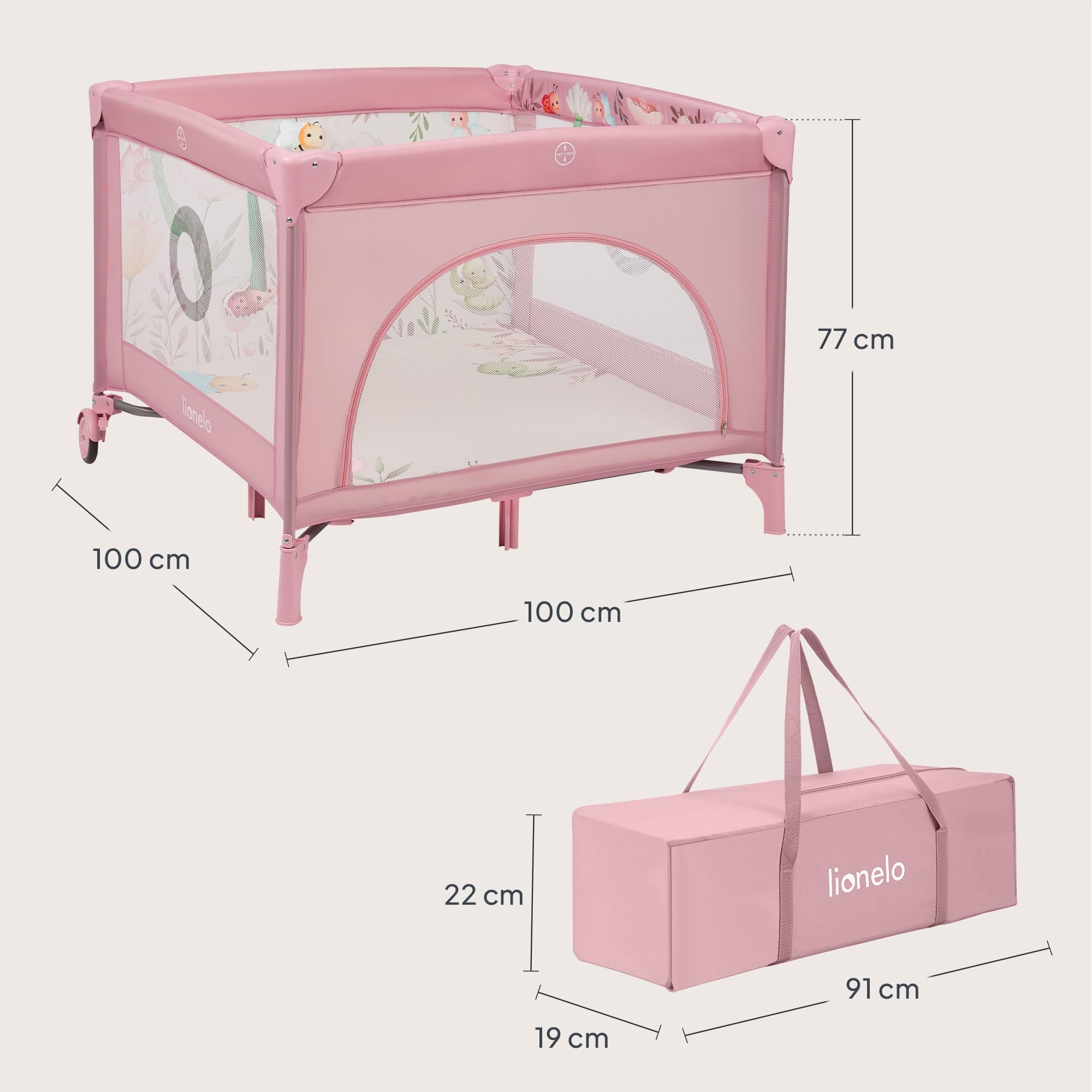 LIONELO MILLE PLUS Parc pour bébés 2-en-1 et jusqu’à 15 kg, de 0 à 36 mois, Entrée latérale, Matelas 3D, 2 roues avec frein, Pliable, Sac de transport inclus
