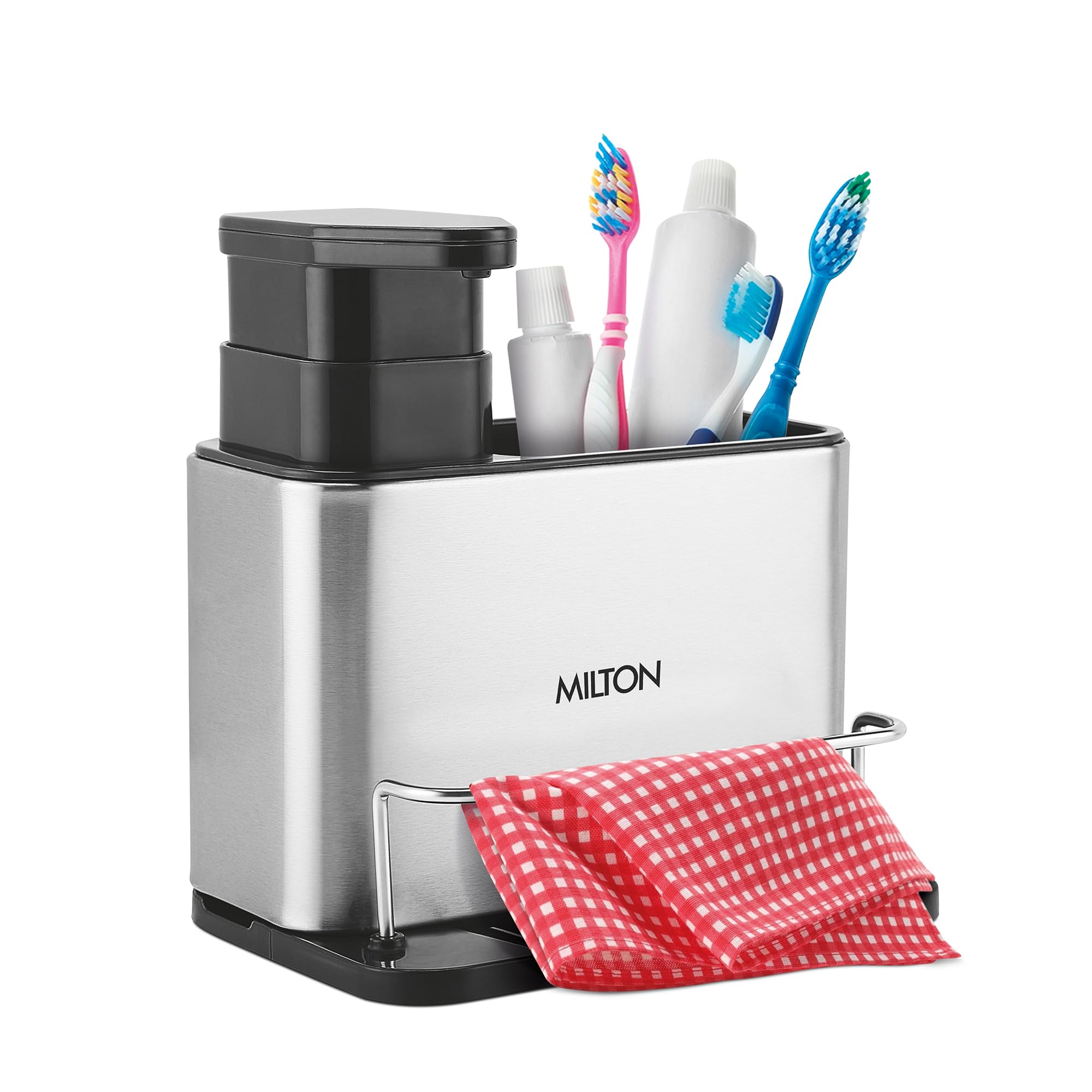 MILTON Amenity 3-in-1 Stainless Steel Kitchen Sink Organizer Caddy with Soap Dispenser, Sponge & Cloth Holder | Detachable, Rustproof Kitchen & Bathroom Organizer | Modern Countertop Organizer, Silver-image-11