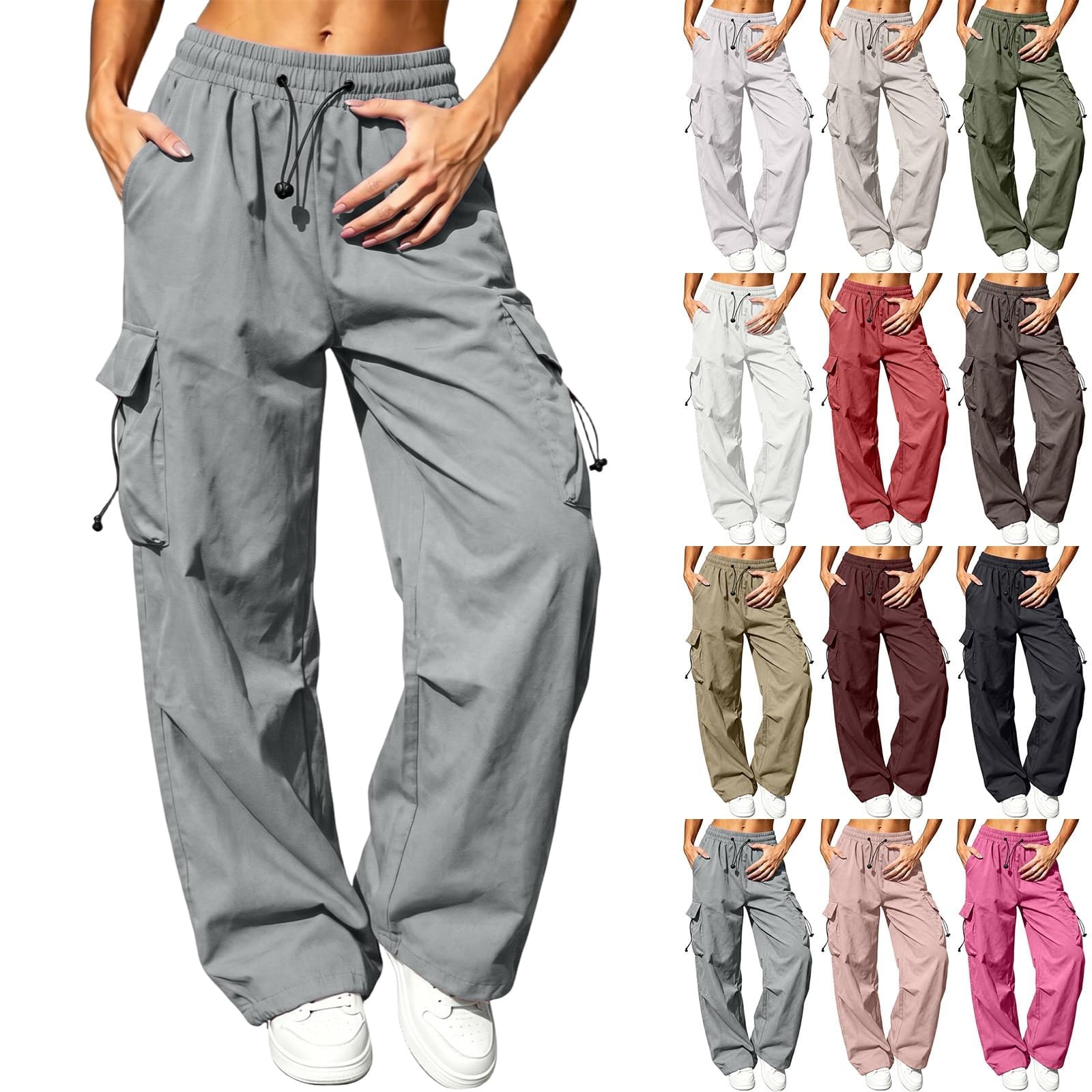 Womens Parachute Cargo Pants Trendy Y2K Baggy Trouser Lightweight Wide Leg Casual Travel…