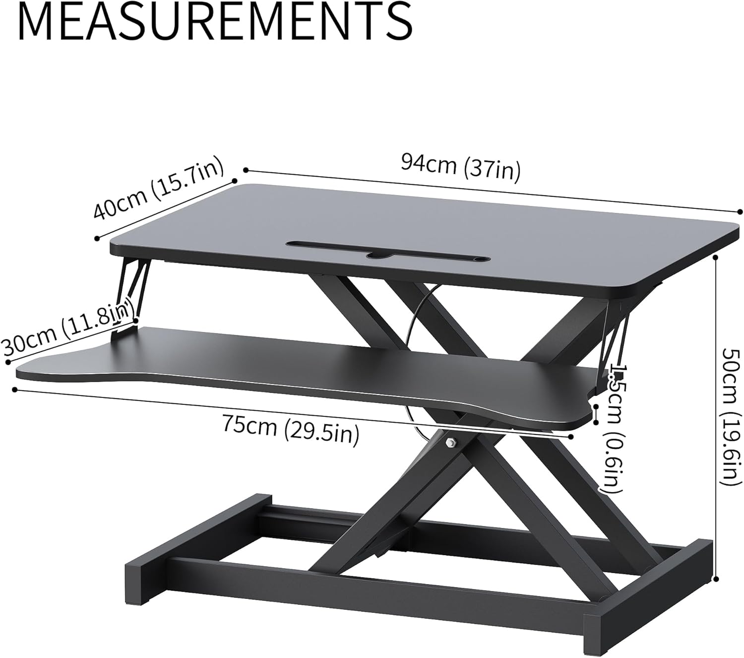 Diagram showing the measurements of the Panana Standing Desk Converter, including width, depth, and height of both platforms.