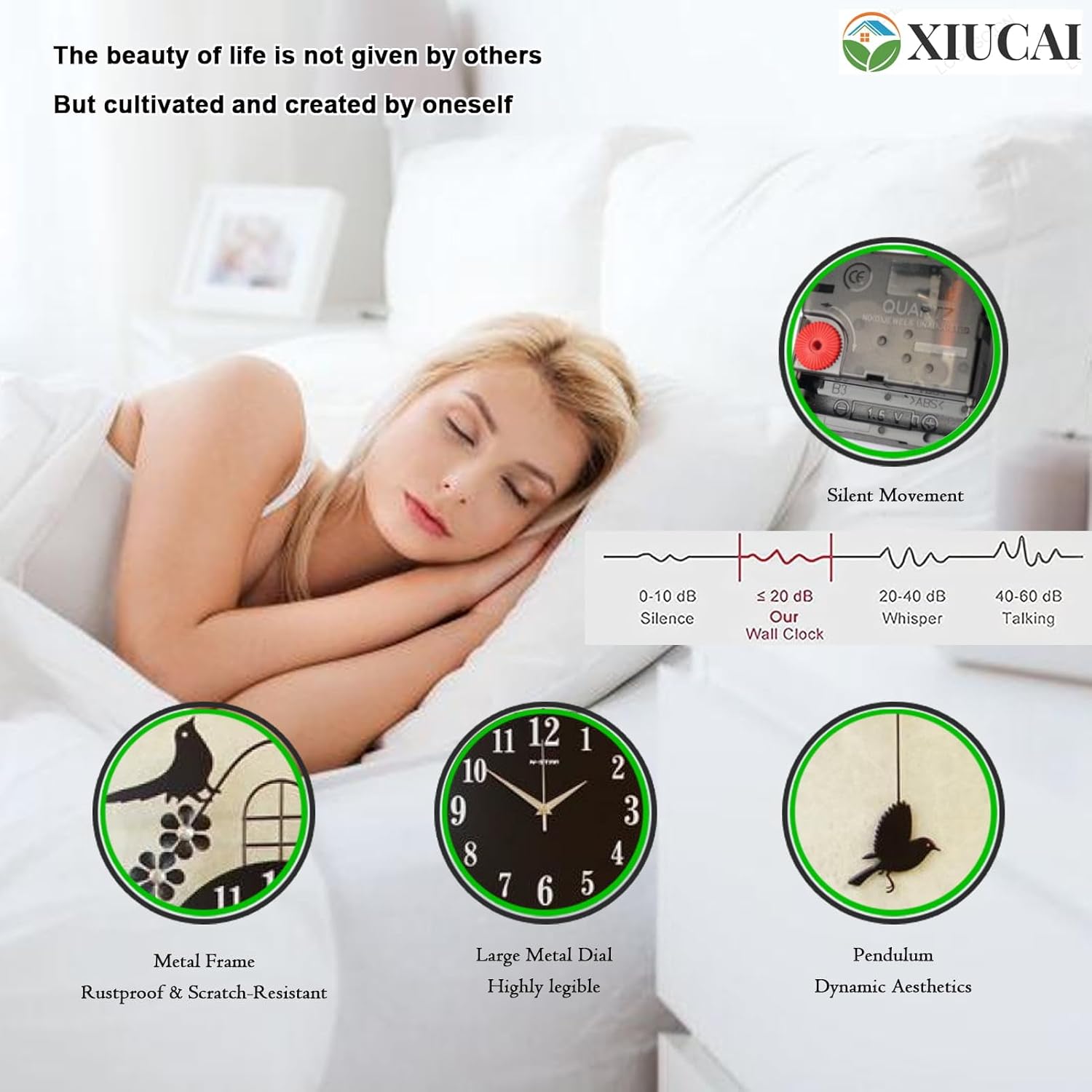 Modern Black Pendulum Wall Clock with Bird Design - Silent Non-Ticking Movement, Large Dials for Living Room and Office Decor,A