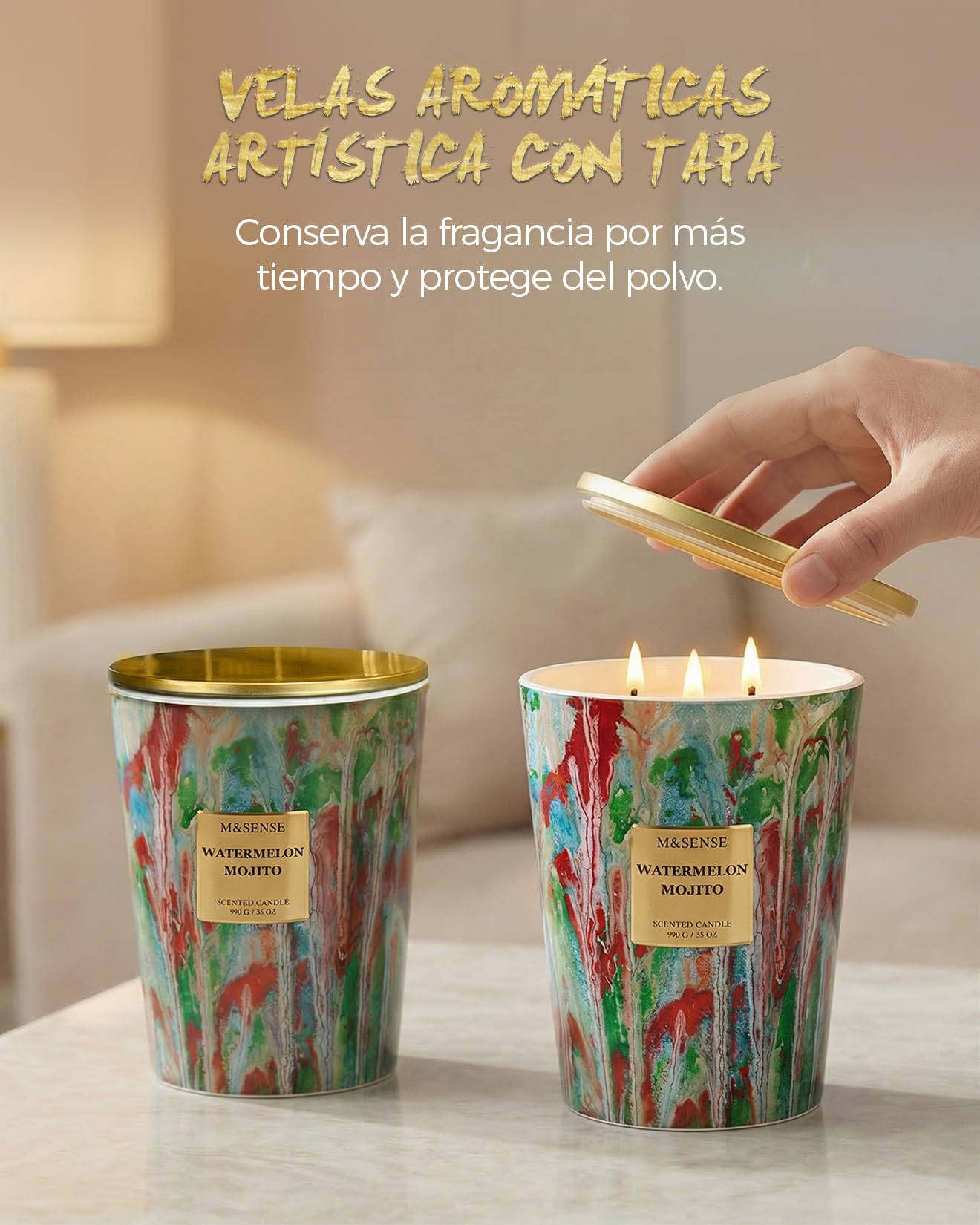 M&SENSE Velas Aromáticas Noche de Verano, 150h Larga Duración, 3 Mechas Velas Bonitas, Cera de Soja 990g Vela Grande, Decoración Hogar, Regalo Original Mujer y Yoga