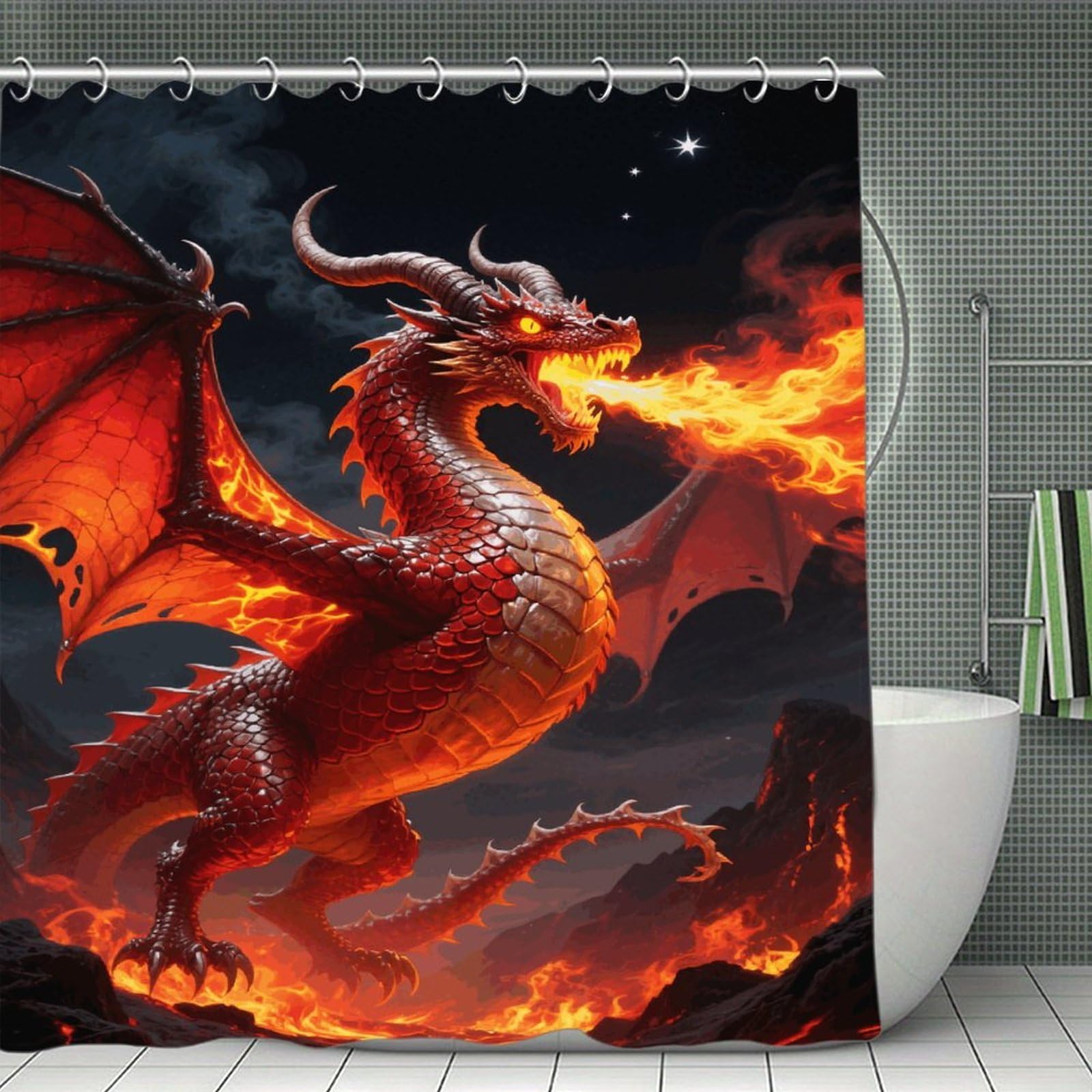 VstaDank Fire Dragon Shower Curtain Waterproof Bathroom Shower Curtain with C Type Hooks Soft Lightweight Shower Curtains Liner Washable Polyester Cloth Shower Liner 71x71 Inch