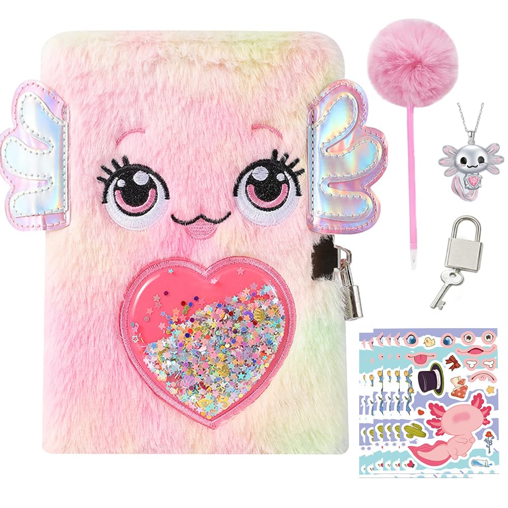 MOCETY Axolotl Diary with Lock, Gift, Secret Diary Journal Notebook with Plush Pen, 8 PCS Axolotl Stickers, Cute Axolotl Headband, Axolotl Necklace Axolotl Practical Gift for Birthday