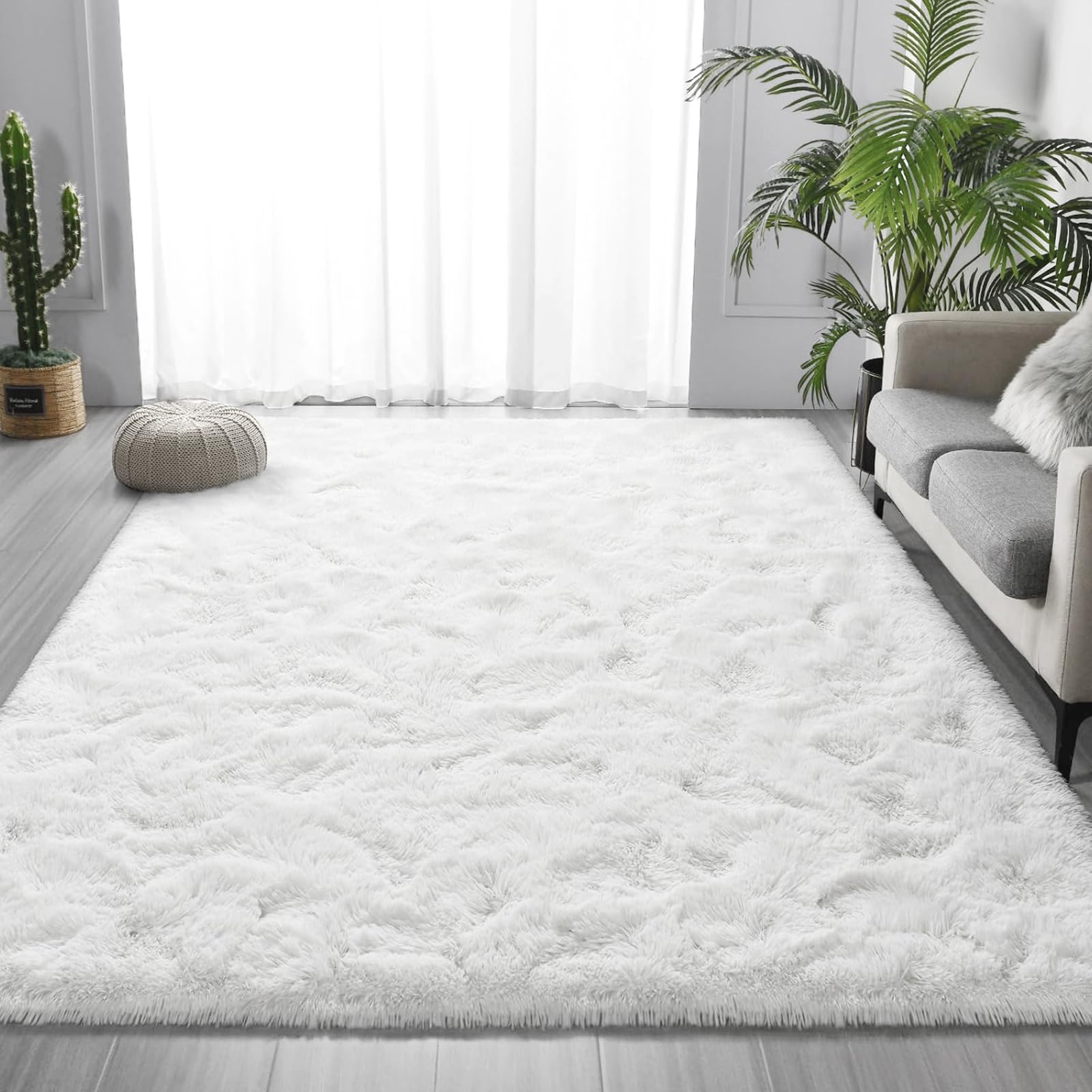 Weißer Langflor Teppich 140x200 cm – Waschbar, Antirutsch-Boden, Flauschig & Weich Hochflor Kuschelteppich für Wohnzimmer, Schlafzimmer & Kinderzimmer – Ideal für Kinder & Haustiere