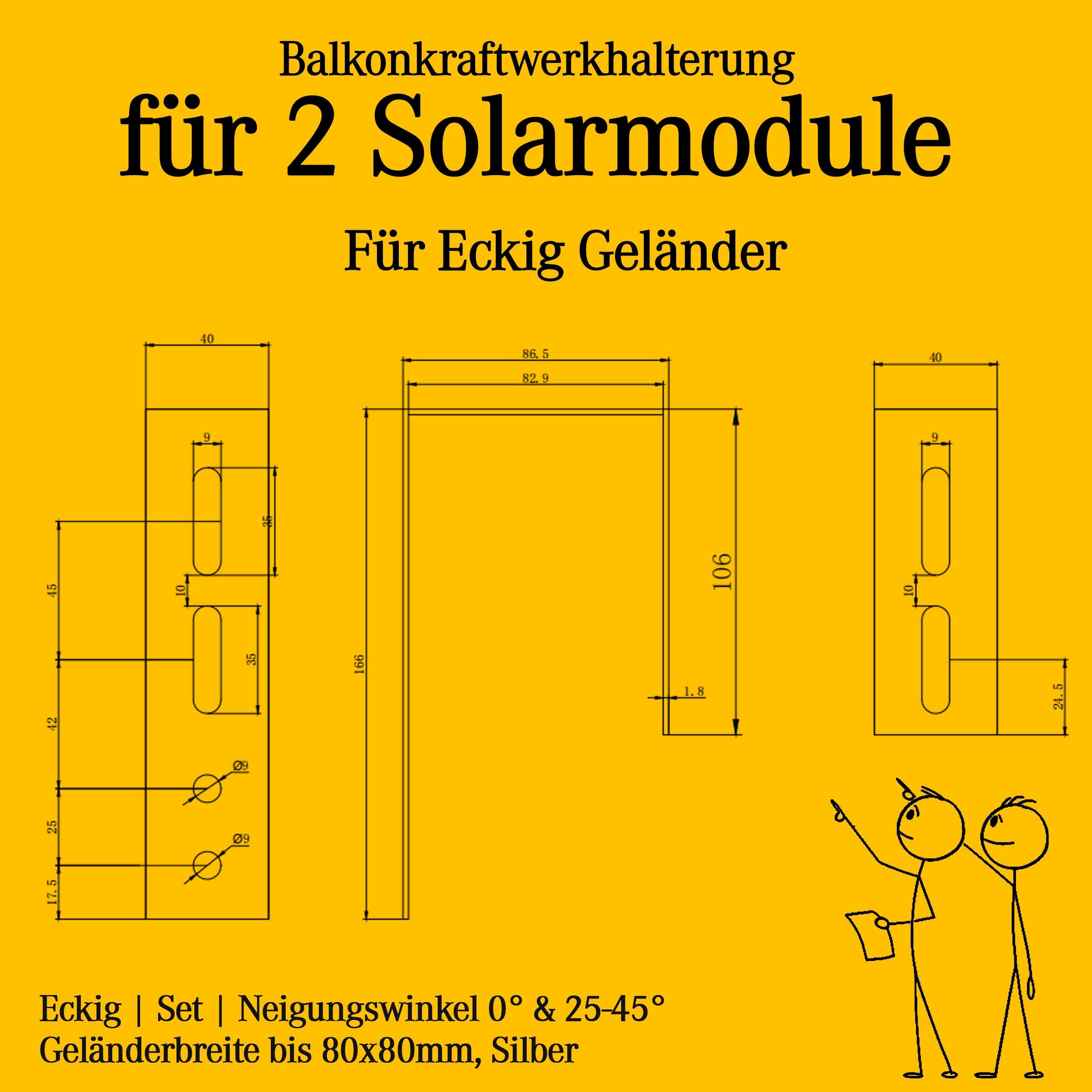 Balkonkraftwerk Halterung Geländer Befestigung für 2 Solarmodule und ein Wechselrichter Photovoltaik | ECKIG | Set | Neigungswinkel 0° & 25-45°| Durchmesser bis 80mm, Silber PV