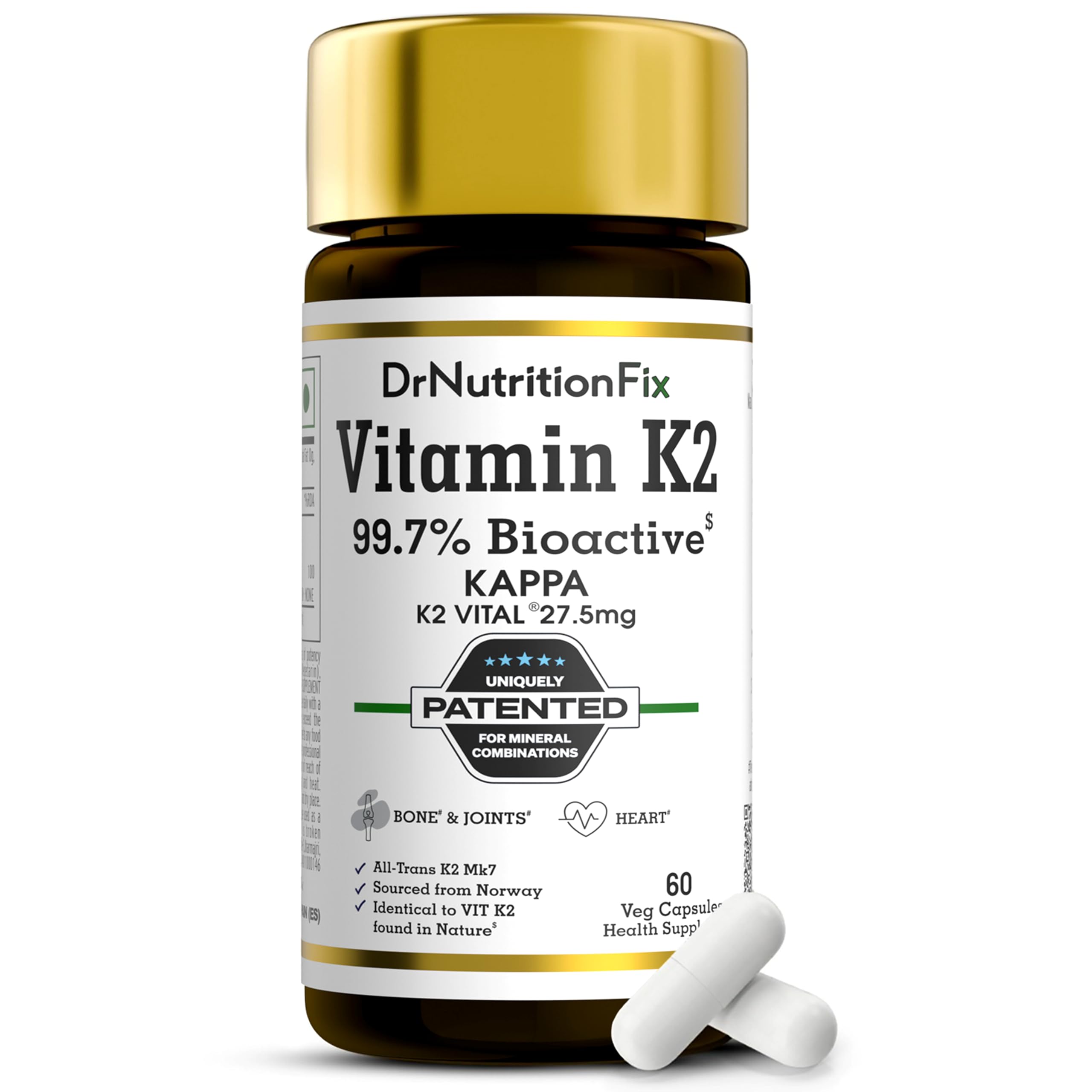 DrNutritionFix™ Vitamin K2 Vital® Delta from Balchem Europe (99+% All-Trans MK7 Active Form) | Natural K2 form Plant Origin | Clean Label | Healthy Bone & Heart | First time in India | 60 Servings