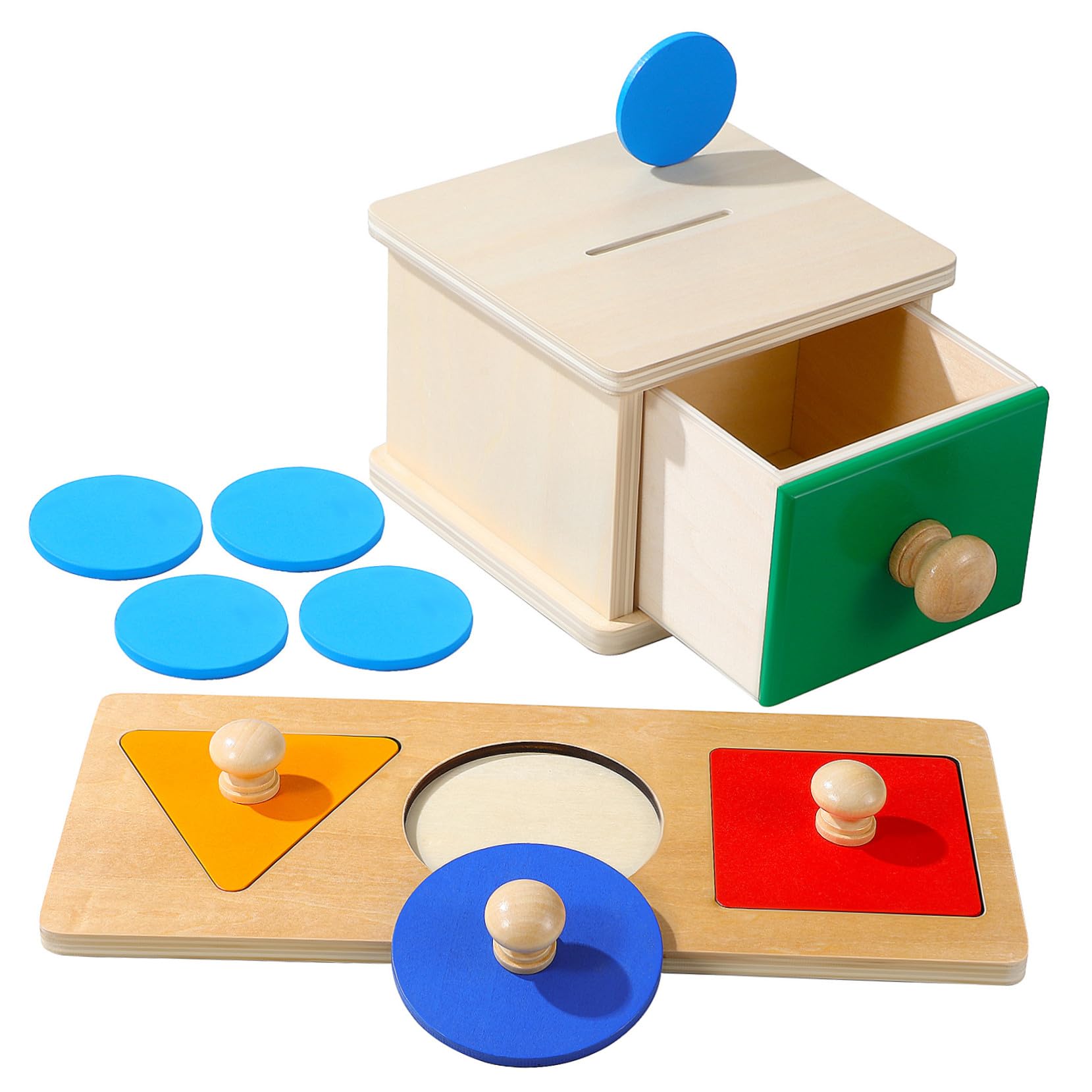 2 Juegos Juguetes Montessori para Bebés Año Caja de Madera para Monedas y Tableros de Puzzles Geométricos Educativos y Sensoriales para Desarrollo Infantil