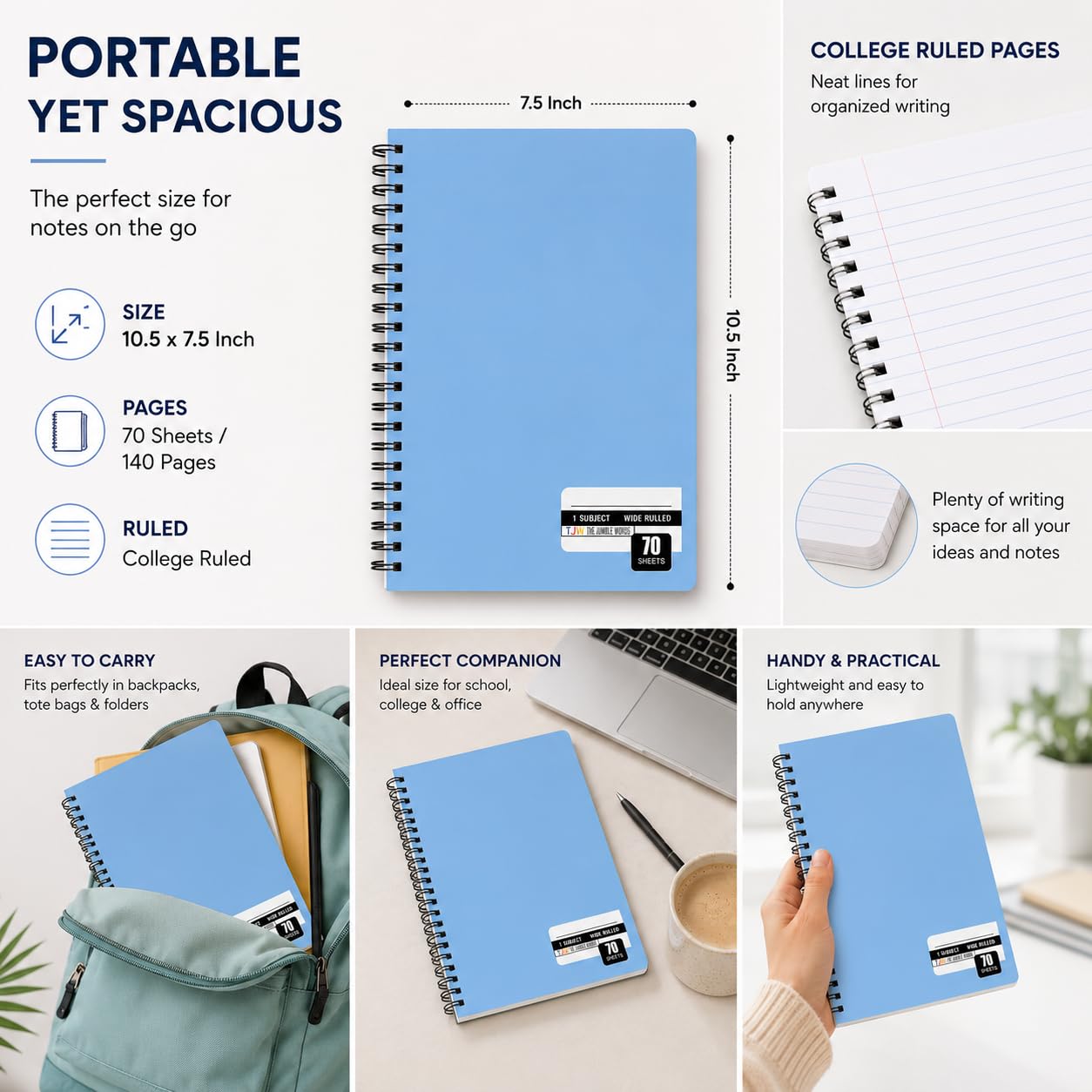 Quaderni a spirale Confezione da 36, 1 soggetto, quaderni a righe universitarie, 70 fogli, 26,7 x 19,1 cm, pagine di qualità, copertina resistente, quaderni per lavoro 6 colori
