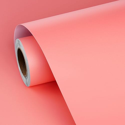 Miniatura 8 de FunStick Papel tapiz rosa coral para despegar y pegar, papel de contacto rosa para armarios, escritorio, aula, papel de pared extraíble autoadhesivo