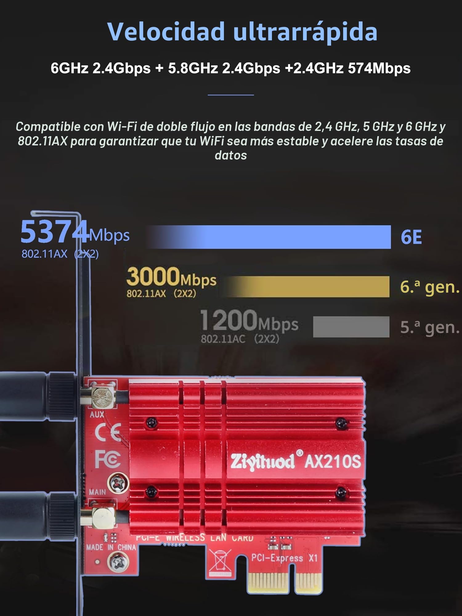 WiFi 6E Tarjeta WiFi Intel AX210 PCIe | Bluetooth5.2 | hasta 5400Mbps | Tri-Bands(6GHz/5GHz/2.4GHz) | OFDMA,MU-MIMO,Heat Sink | para Windows 11/10(64Bit)