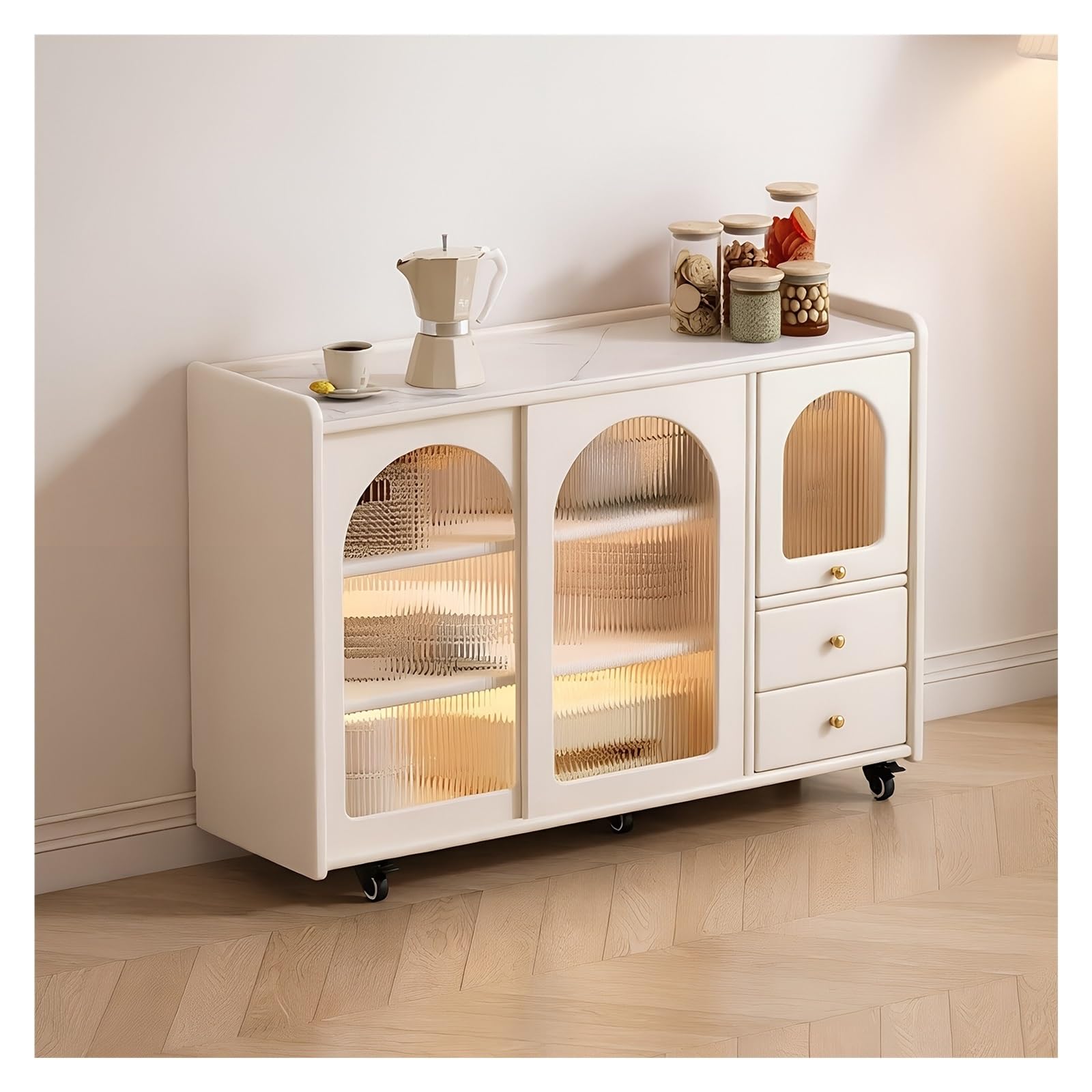 Carrello da cucina Credenza a isola con cassetti, ante in vetro scanalato e ruote con serratura(L)