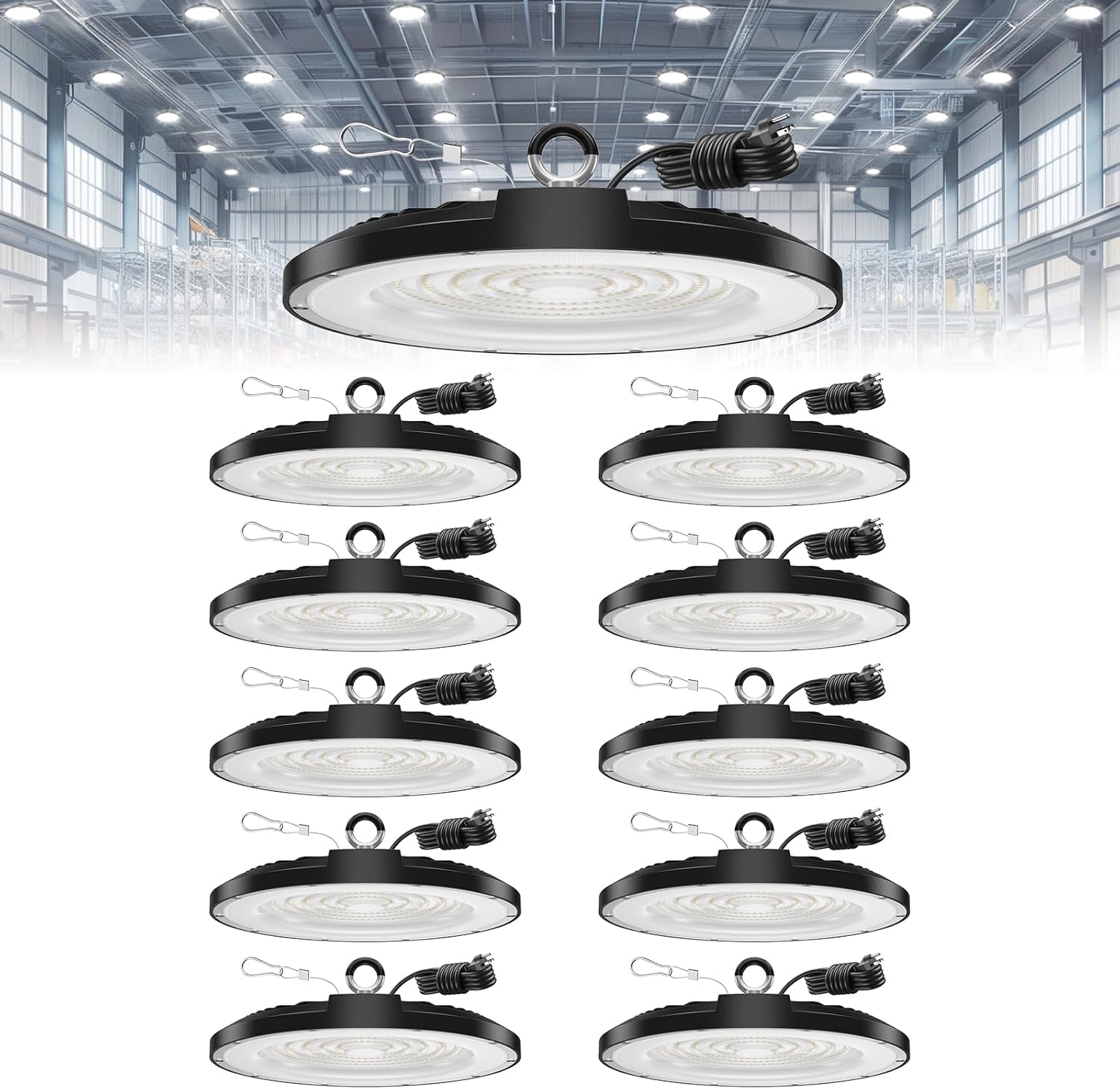 10 Pack 150W LED High Bay Light, 21000LM 5000K AC100-277V with US Plug 5ft Cable LED Shop Light for Warehouse Workshop Factory Barn Garage Area Lighting