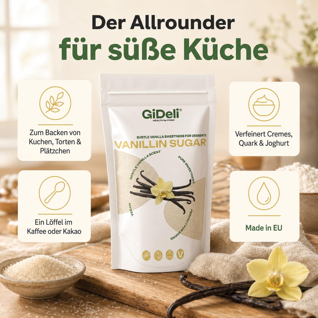 GiDeli Vanillinzucker 3x5kg - Feiner Vanillezucker zum Backen mit zartem Vanille Aroma - Vanillin Zucker für Kuchen, Plätzchen, Desserts, Sahne & Kaffee - Pure Süße - Vegan