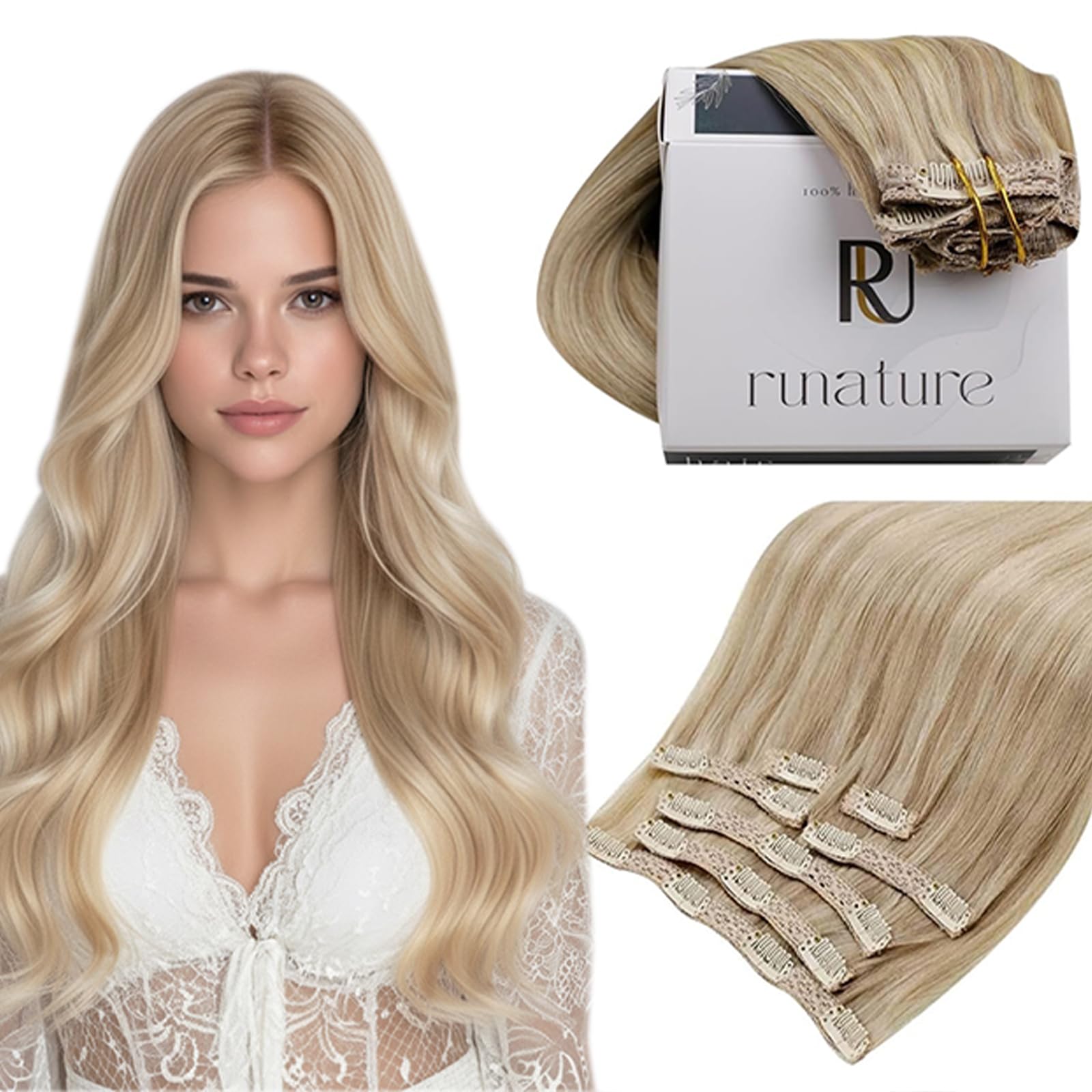 RUNATURE Clip in Hair Extensions Real Human Hair, Blonde Short Hair Extensions Clip Ins, Remy Human Hair for Women, Thick Natural Brazilian Hair, 10