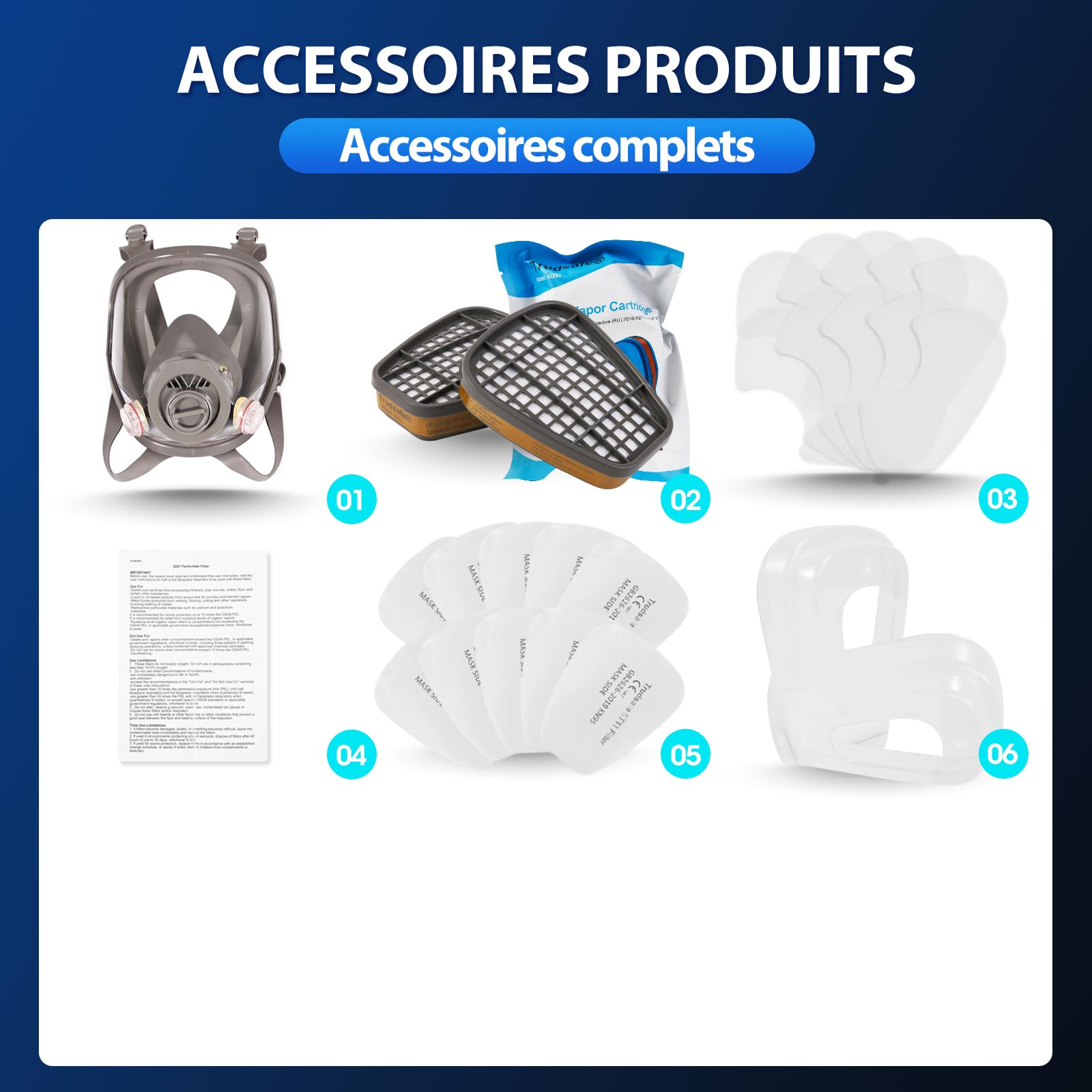Trudsafe 25 in 1 6800 Masque respiratoire intégral, casque de protection faciale pour peindre, vapeur et poussière organiques, deux types de connecteurs