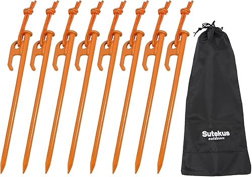 Sutekus Estacas de acero resistente para tienda de campaña, estacas de lona de color sólido con cordón reflectante para acampar al aire libre, toldo