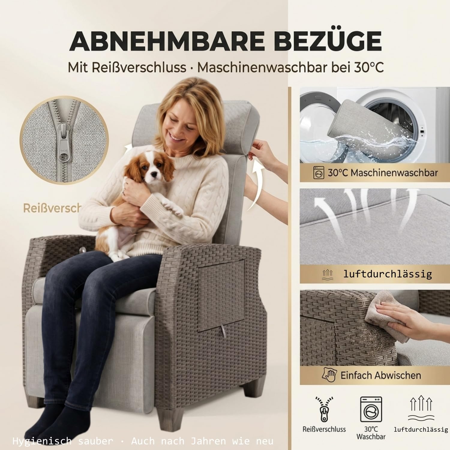 Sillón Relax Reclinable de Ratán para Jardín Exterior, Respaldo y Reposapiés Ajustables 160°, con Cojín Grueso y Funda, Mesa Auxiliar, Resistente UV, Carga 200KG, Tumbona para Terraza Patio y Salón