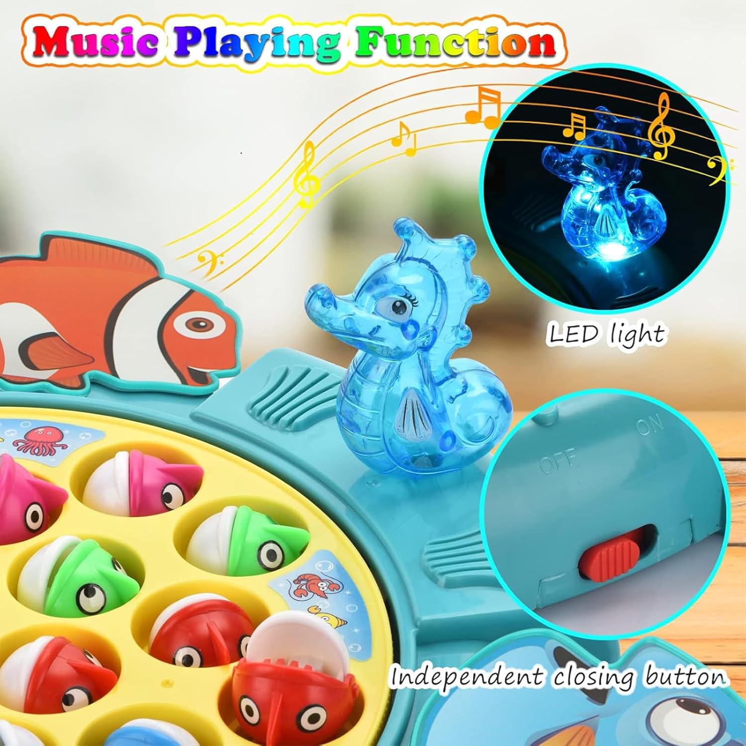 Magnetic Fishing Games Set - Fun and Educational Fishing Toys for Toddlers and Kids, Includes 21 Fish, 4 Poles, Rotating Board, and On-Off Music, Perfect Fish Toy for Go Fish Fun