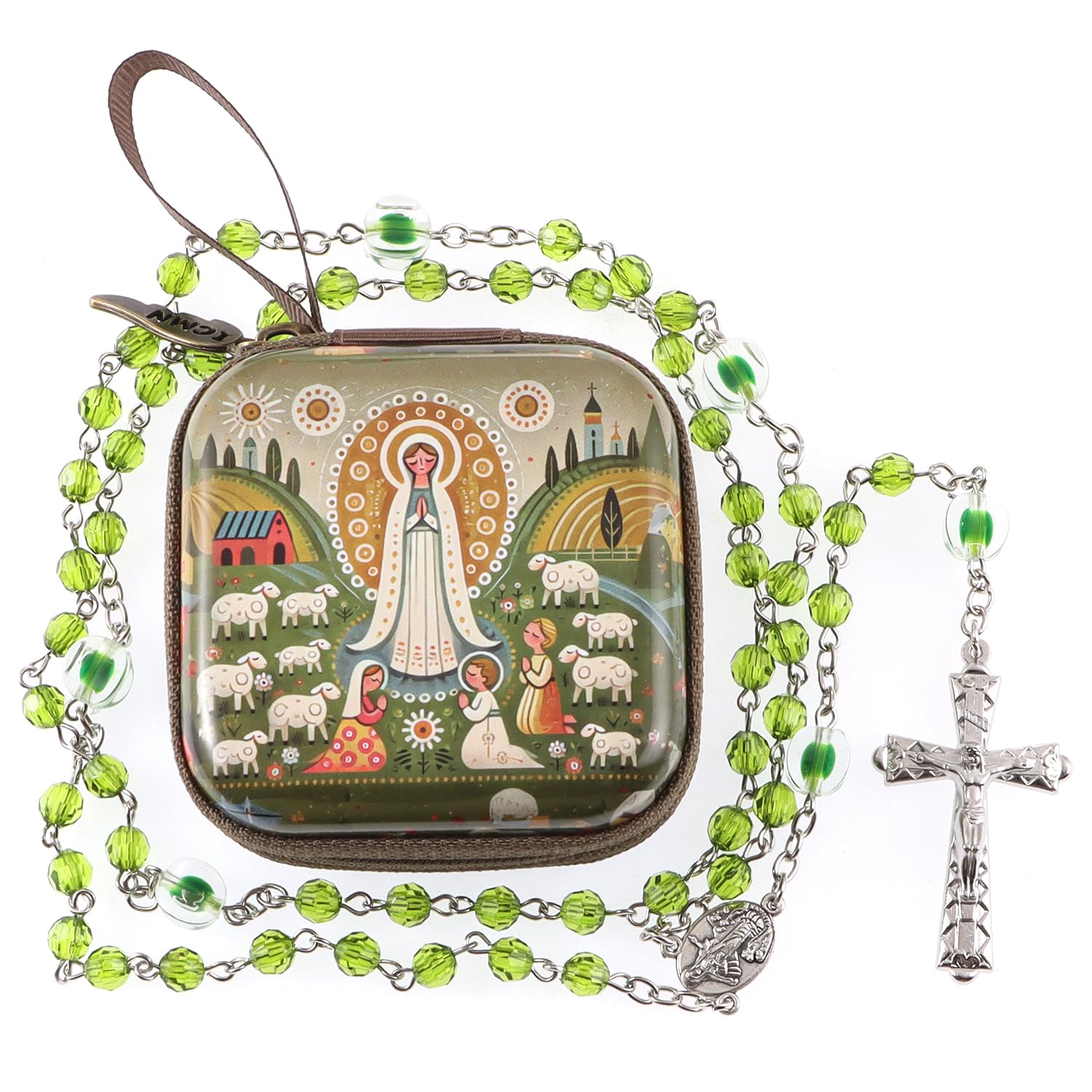 WHLHMK Rosary Beads Catholic for Women With Rosary Box, Green Beads Rosary with Zipper Vintage Jewelry Box, Anglican Prayer Beads Christian Gifts for