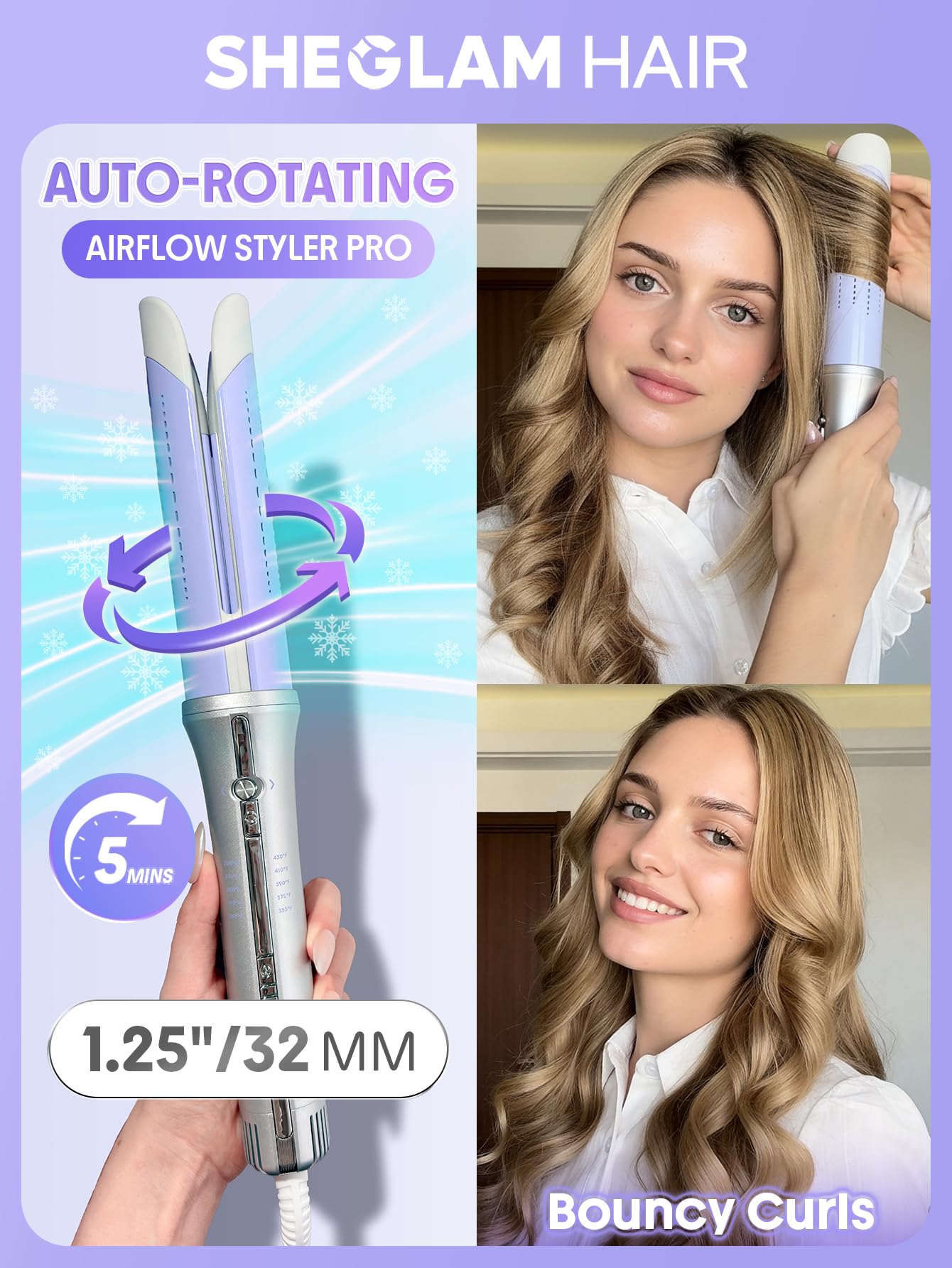 SHEGLAM 32mm Rizador Automático One Touch con Aire Frío – Rizos de Larga Duración para Estilos Bounce u Ondulados, Bajo Riesgo de Quemaduras, Calentamiento Rápido para Cabello de Medio a Largo (32mm) - 3