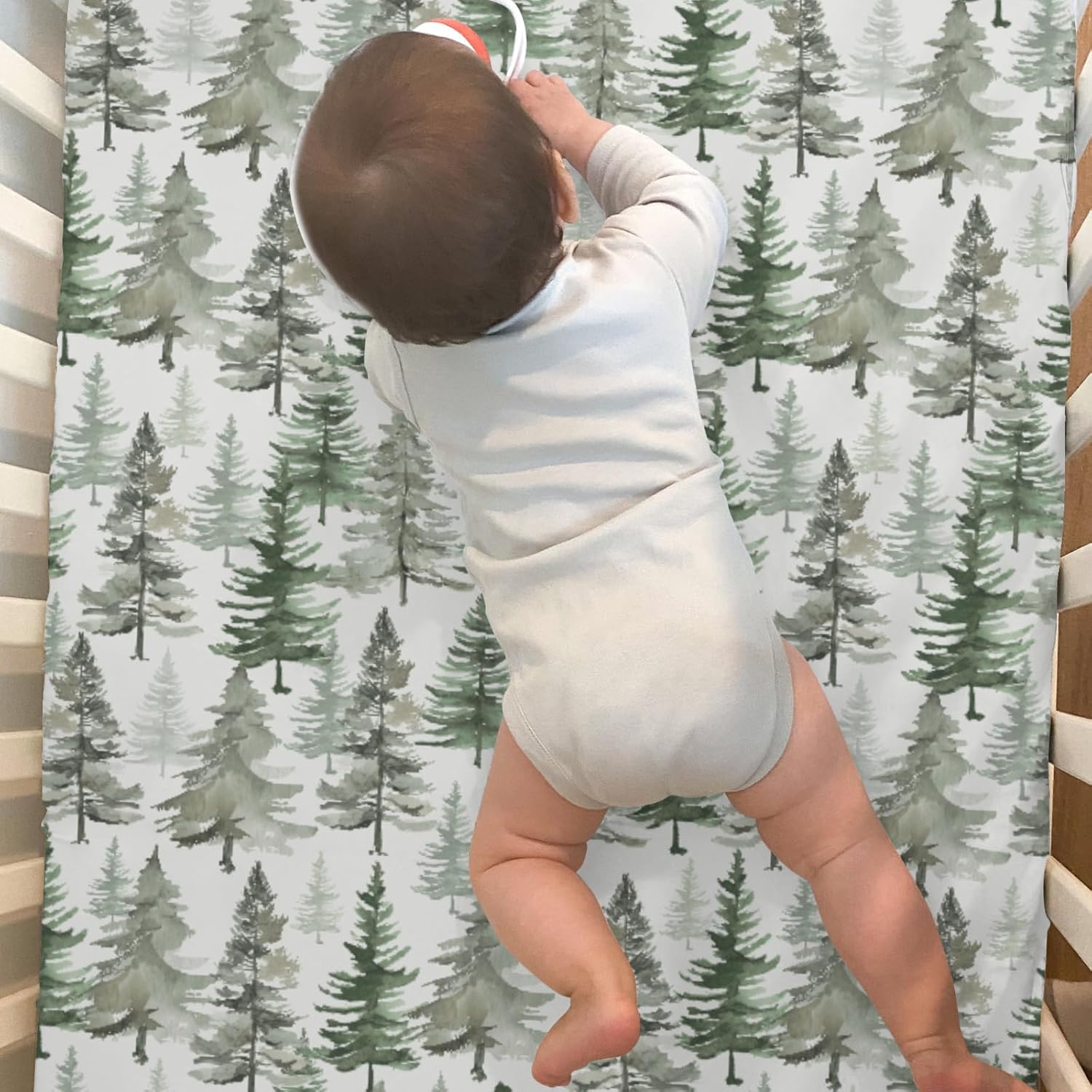 Watercolor Green Pine Trees Baby Crib Sheets for Boy Girl 52"x28" Gender Neutral Tree Soft Snug Fitted Crib Mattress Covers Winter Pines Landscape Bed Sheet for Standard Crib & Toddler Mattress 2 Pack