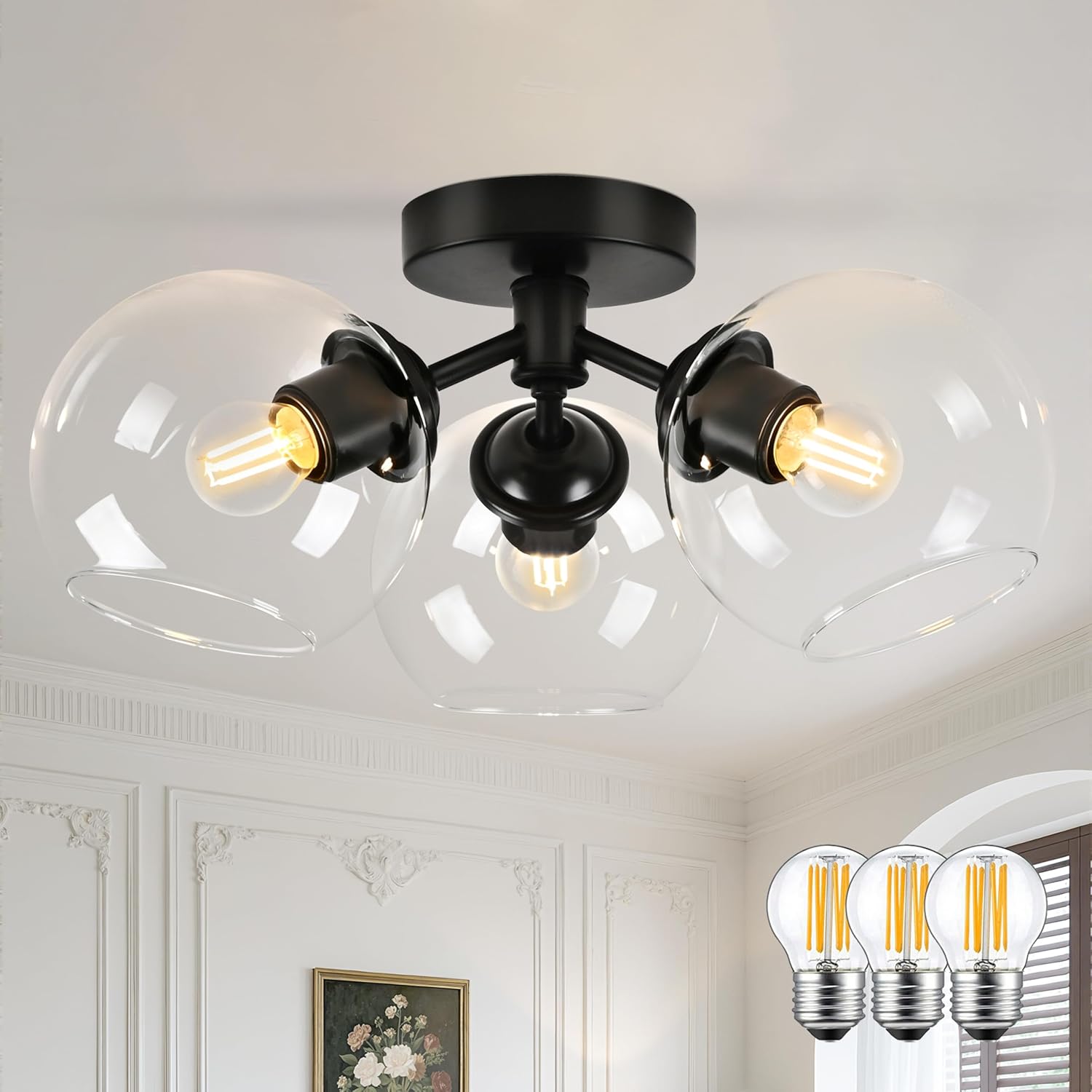 KoKo&Yukina 3-Light Mid Century Modern Black Semi Flush Mount Ceiling Light Globe Sputnik Chandelier Fixture Clear Glass Globe Ceiling Lights for Bedroom Living Room Hallway Entryway Foyer