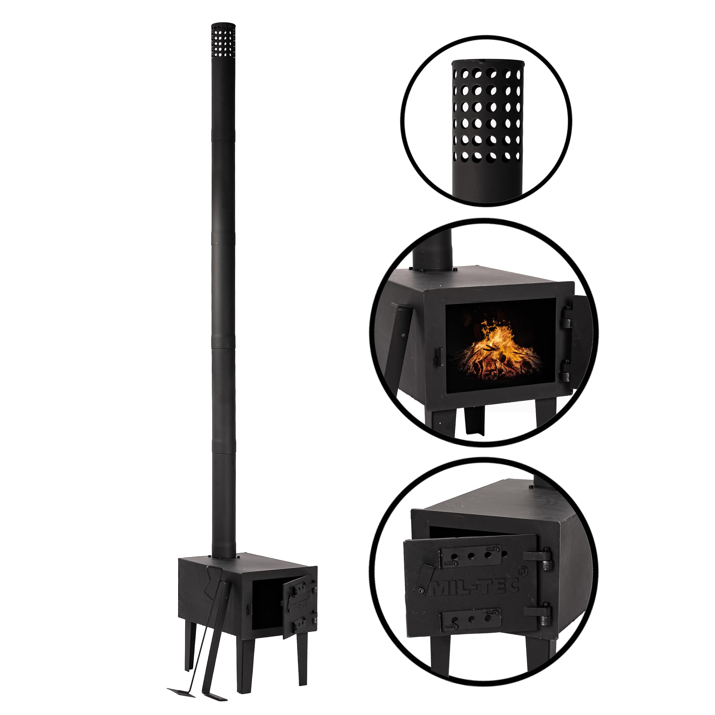 Mil-Tec Zeltofen tragbar (16,5 kg) • Camping Holzofen aus Karbonstahl • Für Zelte, Tipis & Jurten • Mit gr. Brennkammer, 196cm Rohr & Zubehör • Outdoor Ofen zum Heizen & Kochen