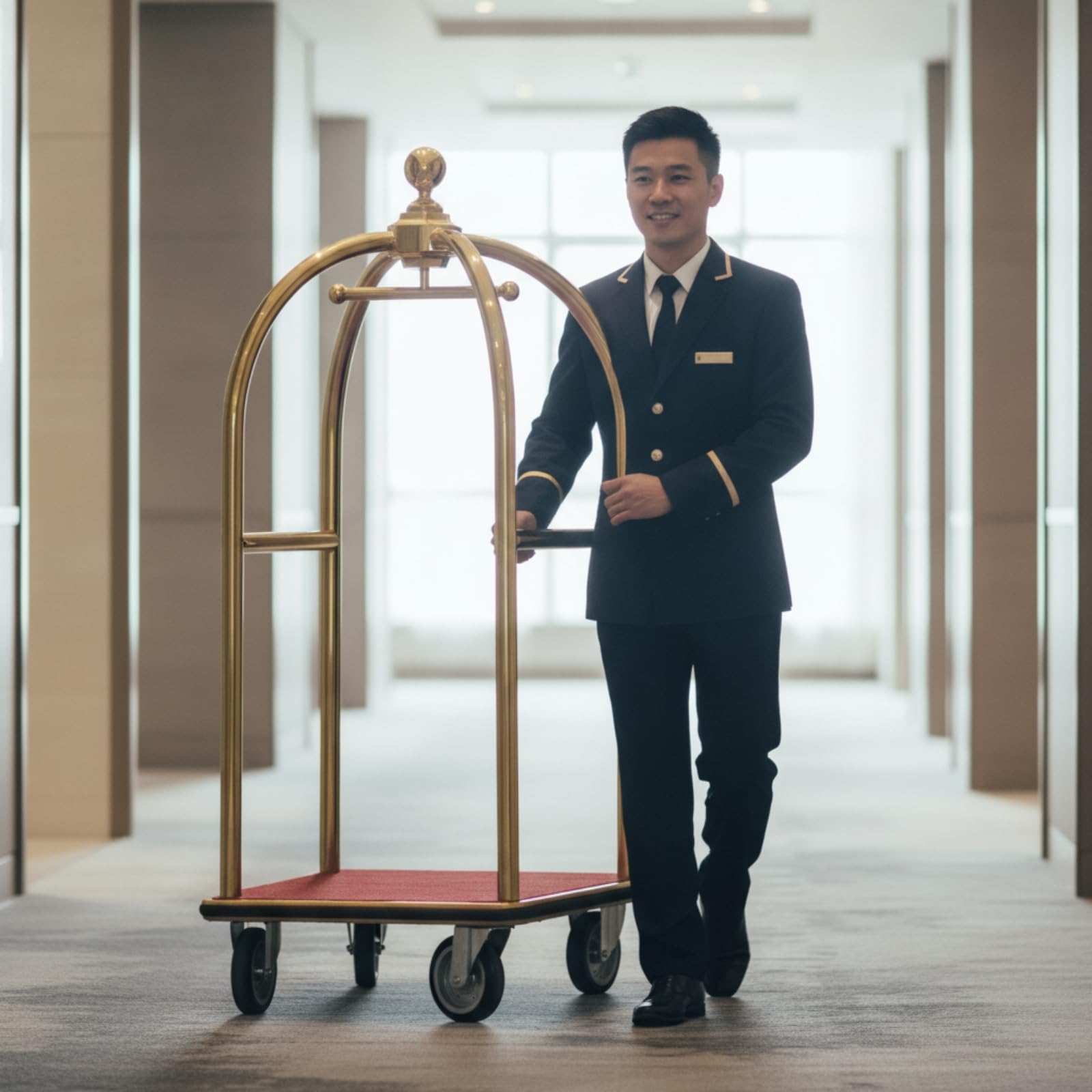 Carrito de Equipaje Carro Maletero Trolley Hotel Diseño Elegante Base Roja Superficie Rectangular Transporte de Maletas Adecuado para Recepción de Hotel Vestíbulo Aeropuerto