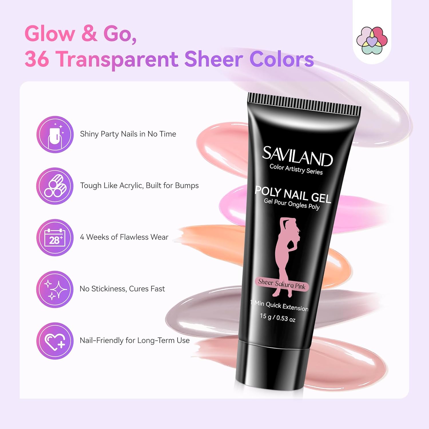 SAVILAND Hema-Free Poly Gel Nail Kit for Starter: 36 Poly Gel Nail Colors with Slip Solution Mini U V Lamp All-in-1 Kit for Quick Builder Extension, Manicure Tools for Daily Art DIY Salon Girls Gift - Image 6