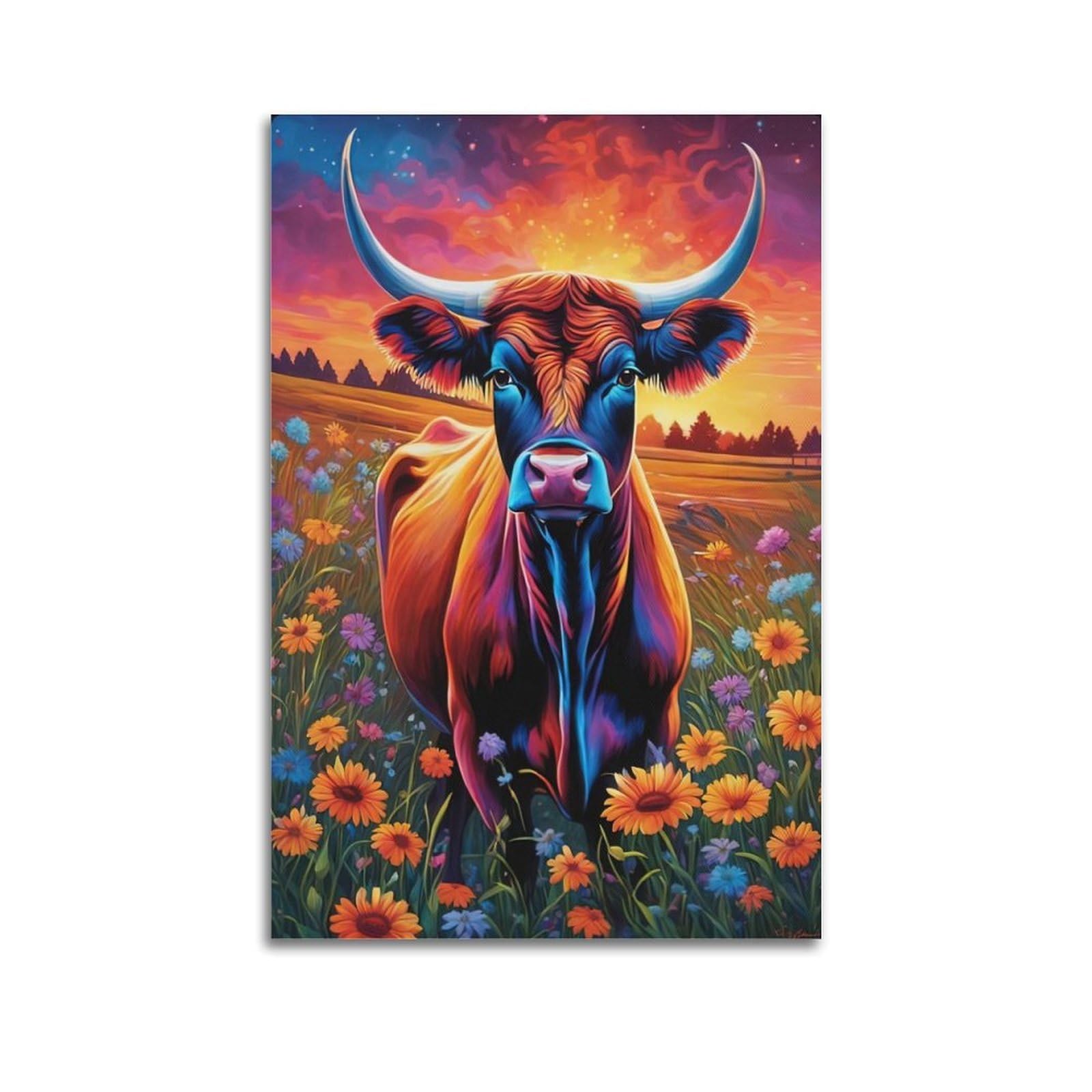 ZSZWHJ Animal Poster Cows And Flowers Poster Decorative Painting Canvas Wall Posters And Art Picture Print Modern Family Bedroom Decor Posters 20x30inch(50x75cm)