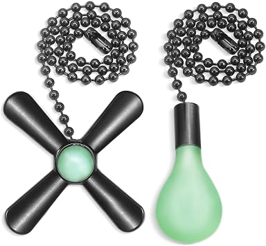 2Pack Black Ceiling Fan Pull Chain Set Glow in The Dark | 3mm Diameter Beaded Fluorescent Decorative Pendant Extension, 12inch Lighting & Fan Chain Extender with Connector