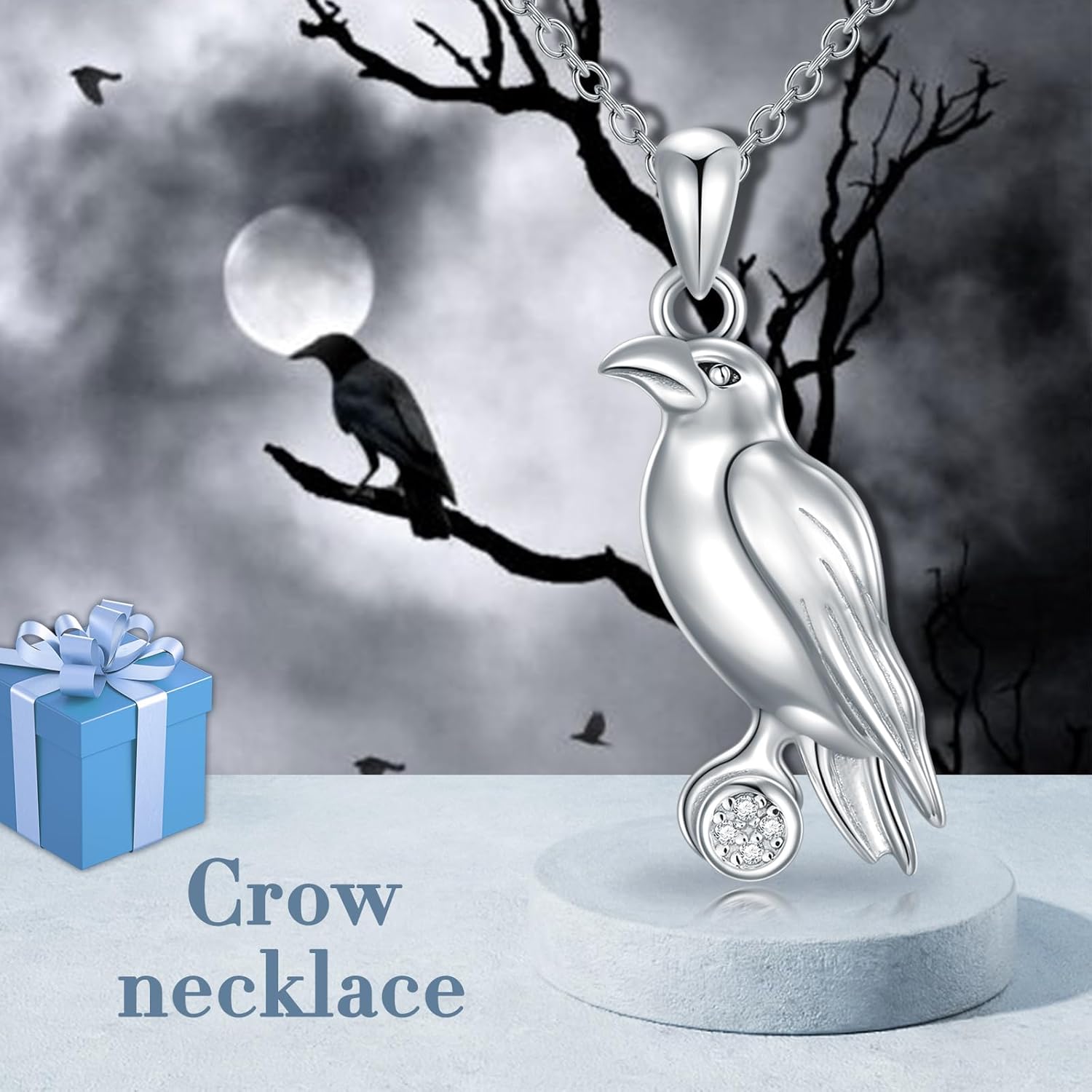 Diamond Crow Necklace S925 Sterling Silver Crow Necklace Silver Crow Pendant Necklace for Women Mother 18+2Inch - Image 5