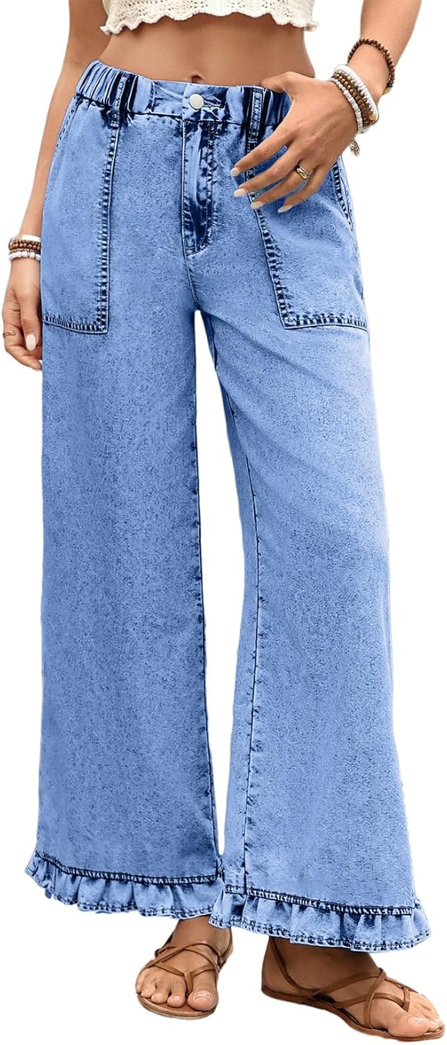 Astylish Wide Leg Jeans for Women Stretch High Wasited Baggy Trendy Denim Jean Ruffle Hem Pants