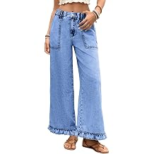 Astylish Wide Leg Jeans for Women Stretch High Wasited Baggy Trendy Denim Jean Ruffle Hem Pants