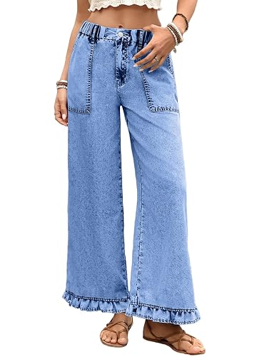 Astylish Wide Leg Jeans for Women Trendy Denim Jean Ruffle Hem Pants | Stretch, High Waisted, Baggy