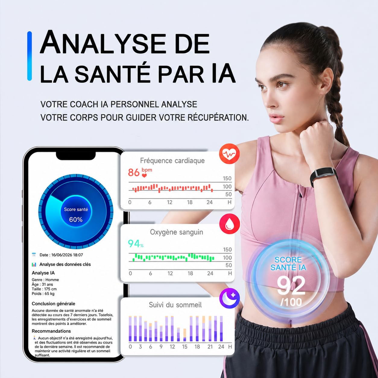 Fitness Tracker​, IP68 Bracelet Santé Connectée Femme Homme