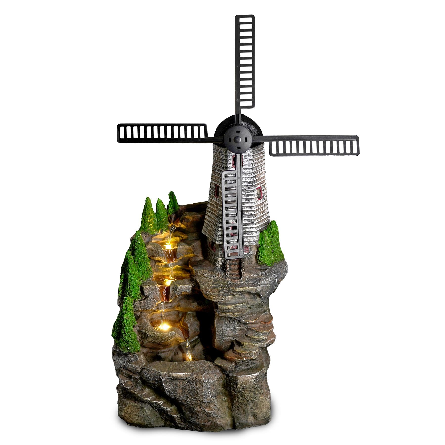 Geezy Windmill Fountain Garden Water Feature – With Led Lights – Mains Powered, Self-Contained, Indoor & Outdoor – Easy Setup, Relaxing & Cascading – Great For Garden, Home, Patio & Balcony Decor