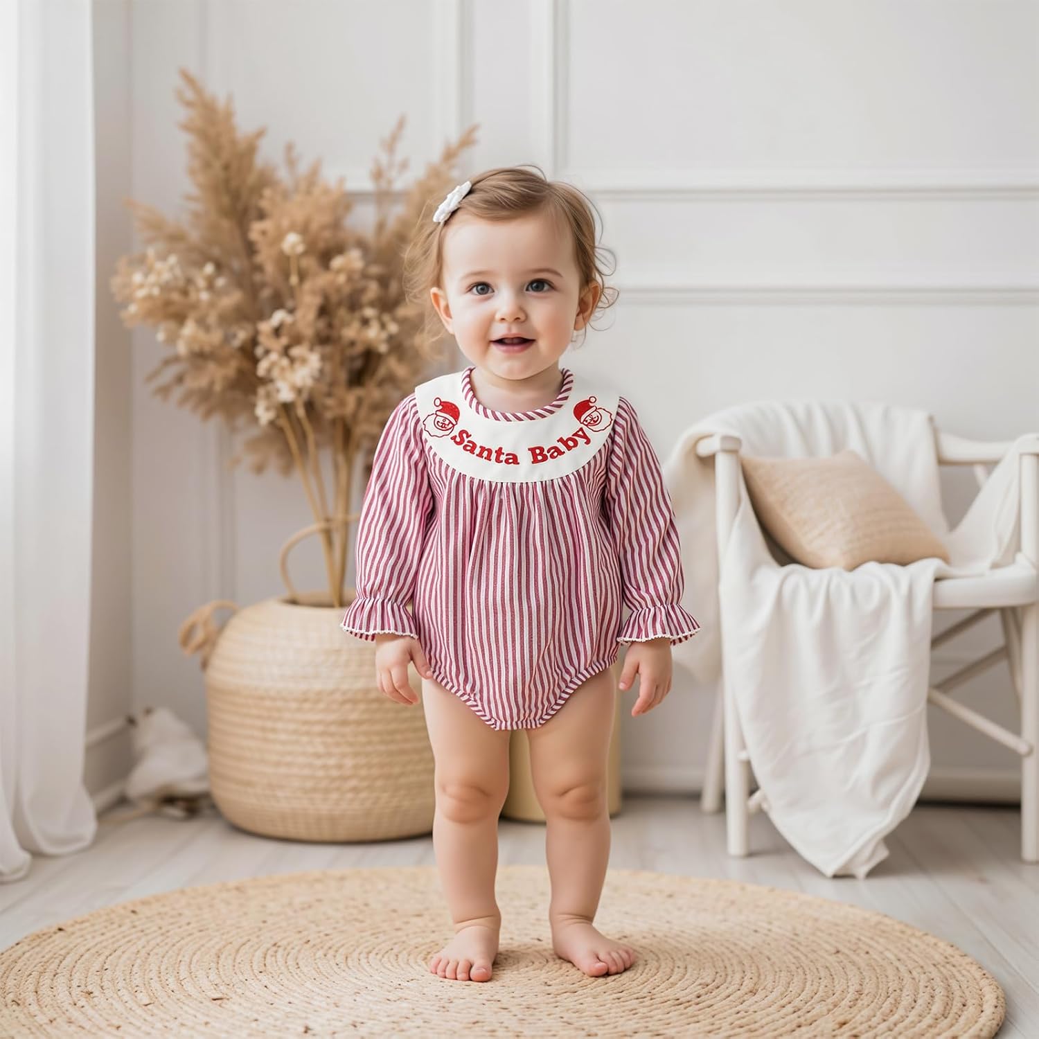 My First Valentines Day Baby Girl Outfit Love Embroidery Smocked Romper Long Sleeve Striped Onesie Cute Clothes - Image 2