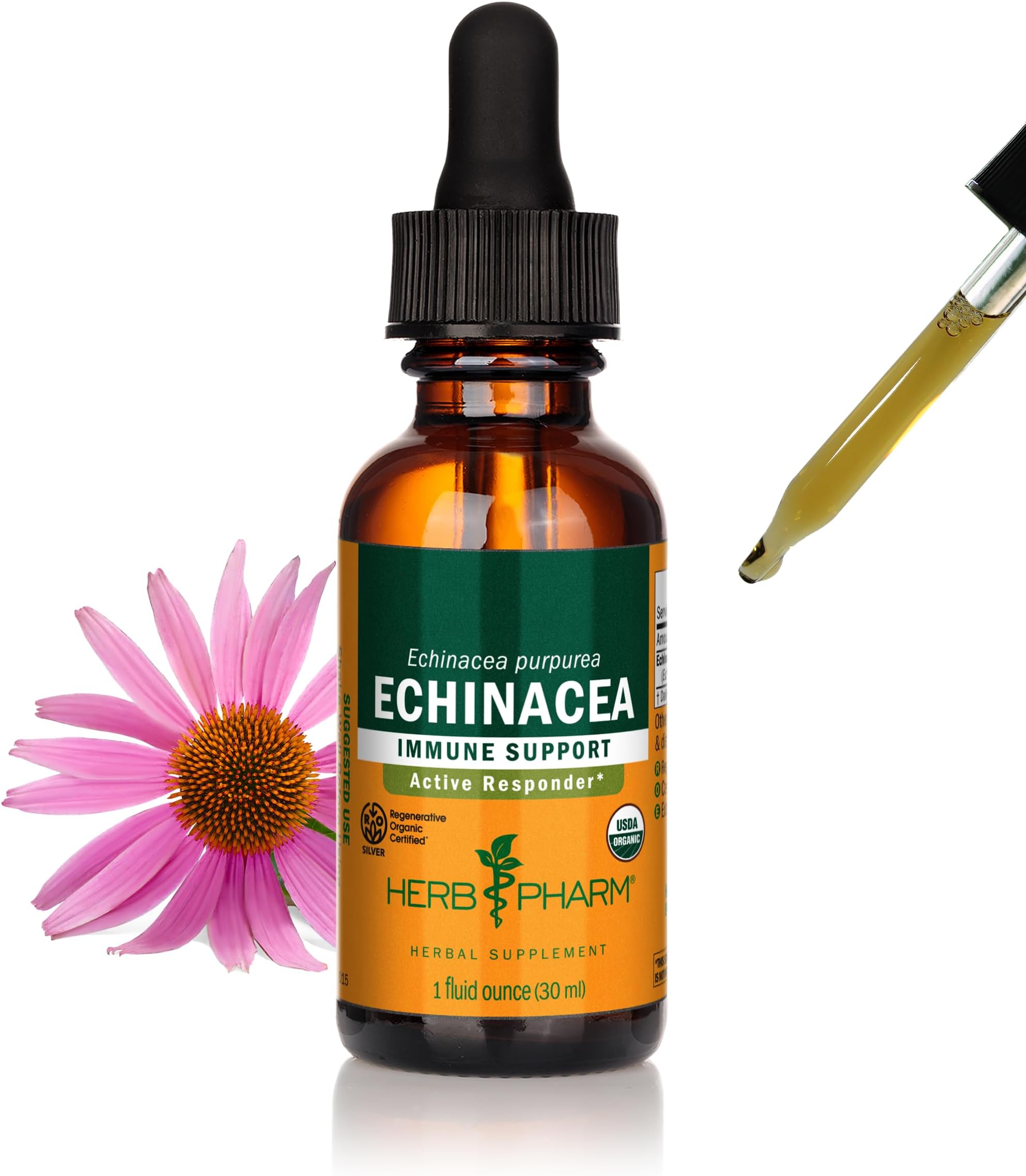 Herb Pharm Certified Organic Echinacea Root Liquid Extract for Immune System Support, Organic Cane Alcohol, 1 Fl Oz - Packaging May Vary