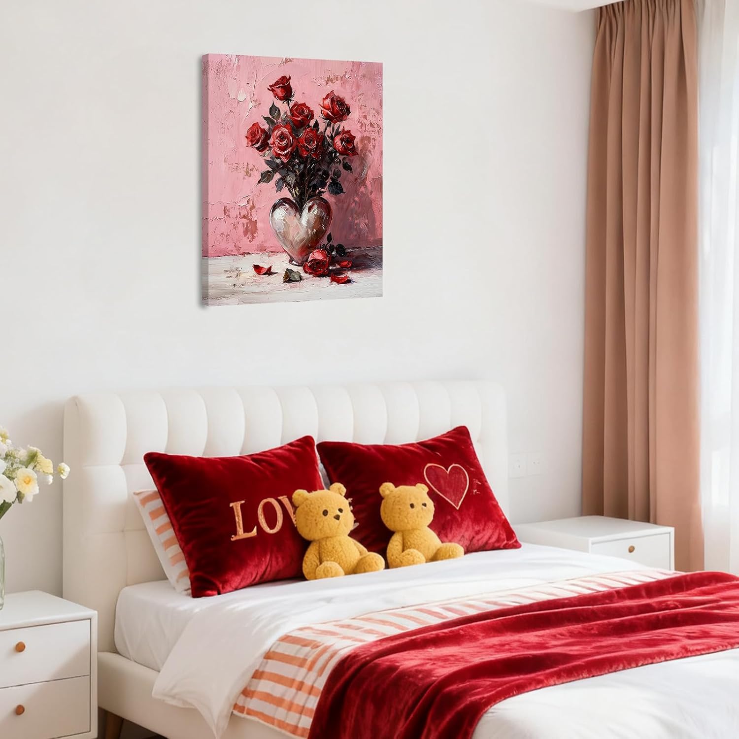 Vintage Floral Canvas Wall Art Red Rose, Botanical Print for Red Room Aesthetic, Romantic Valentine's Day Gift for Her, Bedroom & Living Room Decor, Wrapped Framed 16x20 inch