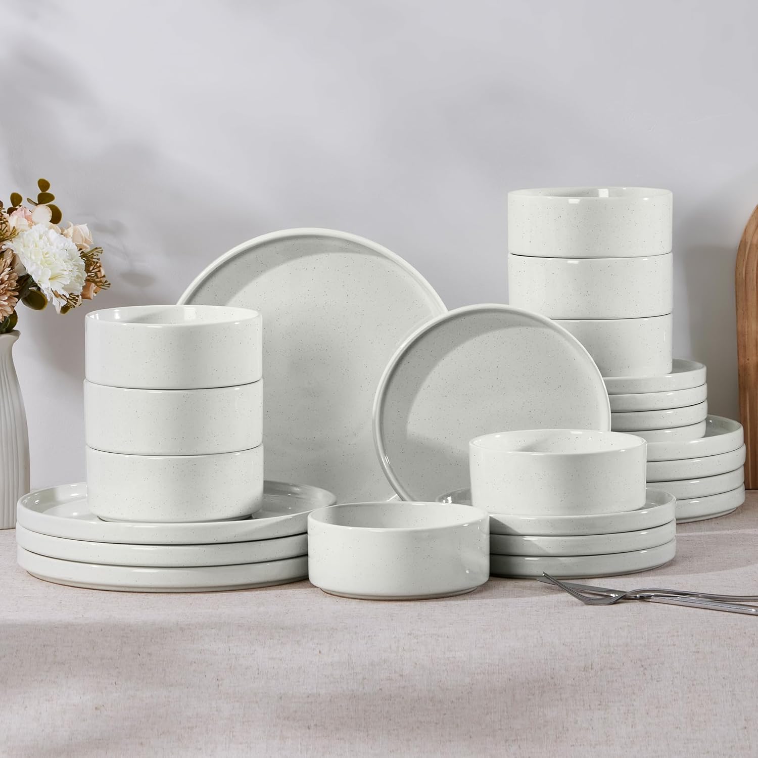 E-far Dinnerware Sets for 8, 24-Piece Stoneware Plates and Bowls Set, Modern Kitchen Dinning Dishware, Chip and Scratch Resistant, Microwave & Dishwasher Safe, Speckled White