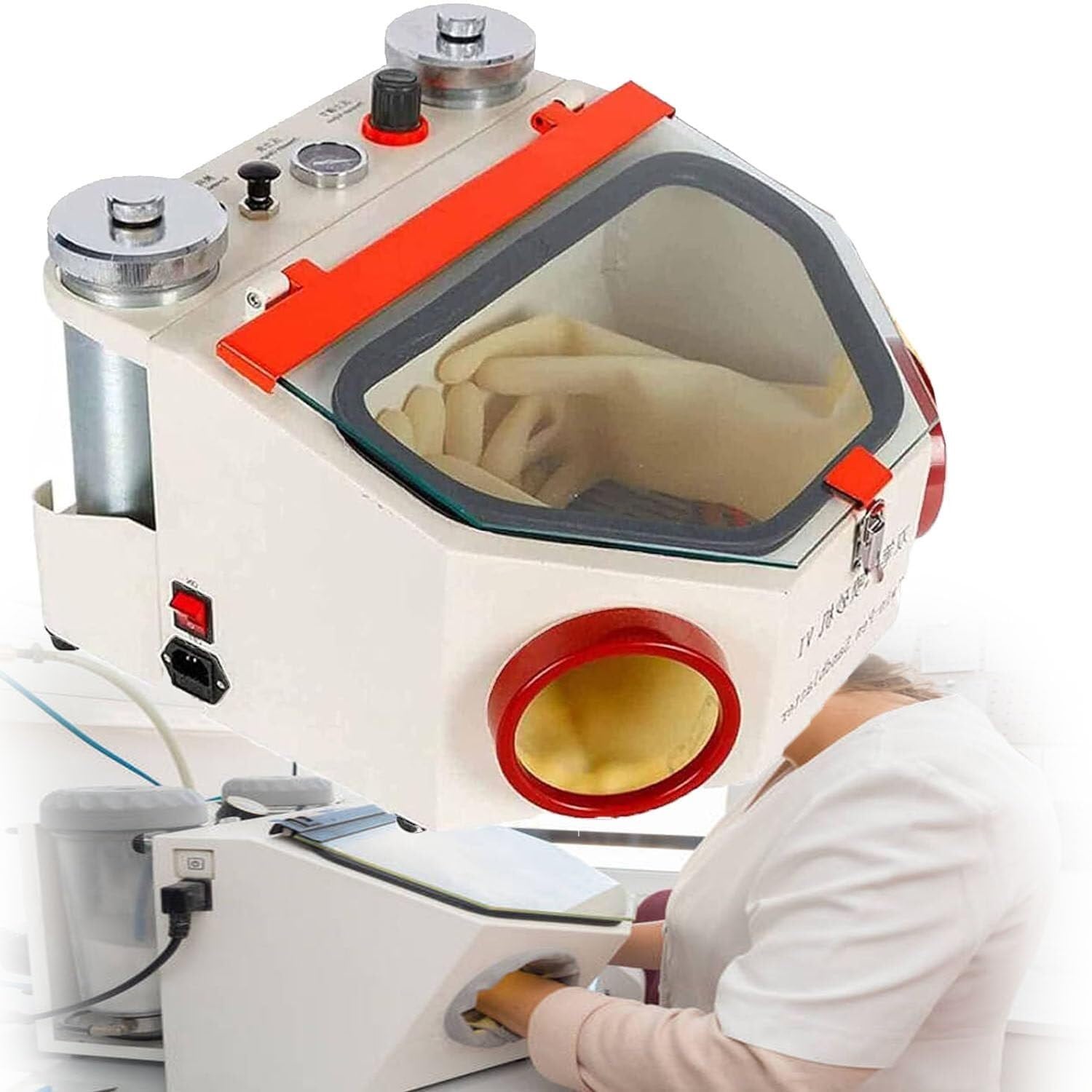 Sandstrahler für Zahntechniklabor, mit Fußsteuerung, 2 Stifte + 2 Tanks, Sandstrahlmaschine für Zahntechnik-Labor, LED-Licht und großes Sichtfenster.