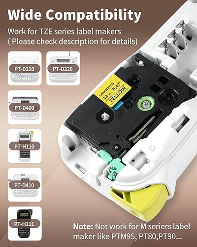 Miniatura 2 de Oozmas Cinta de etiquetas de repuesto compatible para TZe-631 Brother Label Maker Tape 0.472 in 0.47 Amarillo TZE631 TZ cinta laminada negro sobre