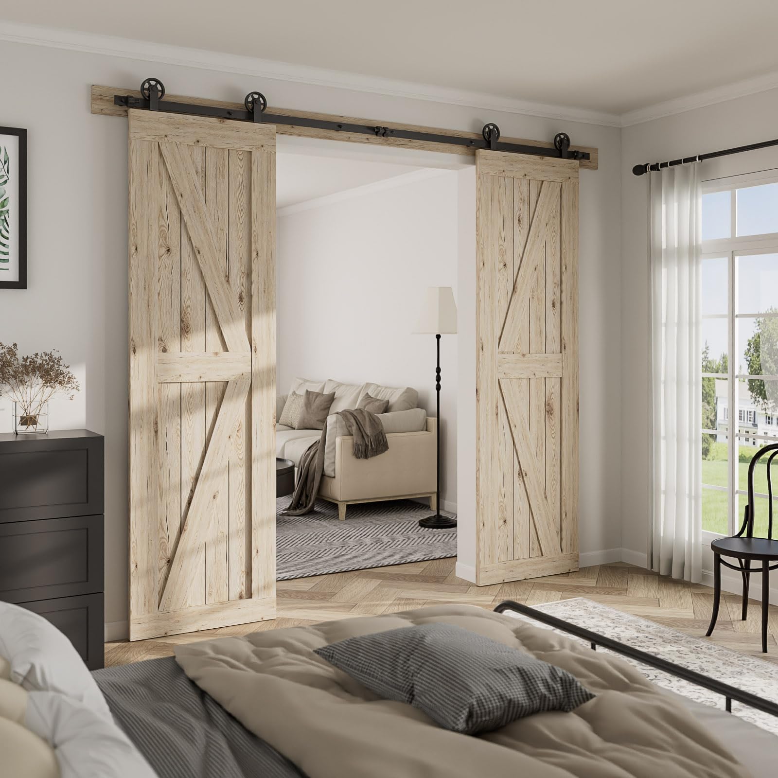 Herrajes Puertas Correderas Doble 325cm Rieles Kit Puerta Corredera Negro para 2 Puerta Corredera Madera 81cm Ancho, Pequeña Rueda T-forma — view 17