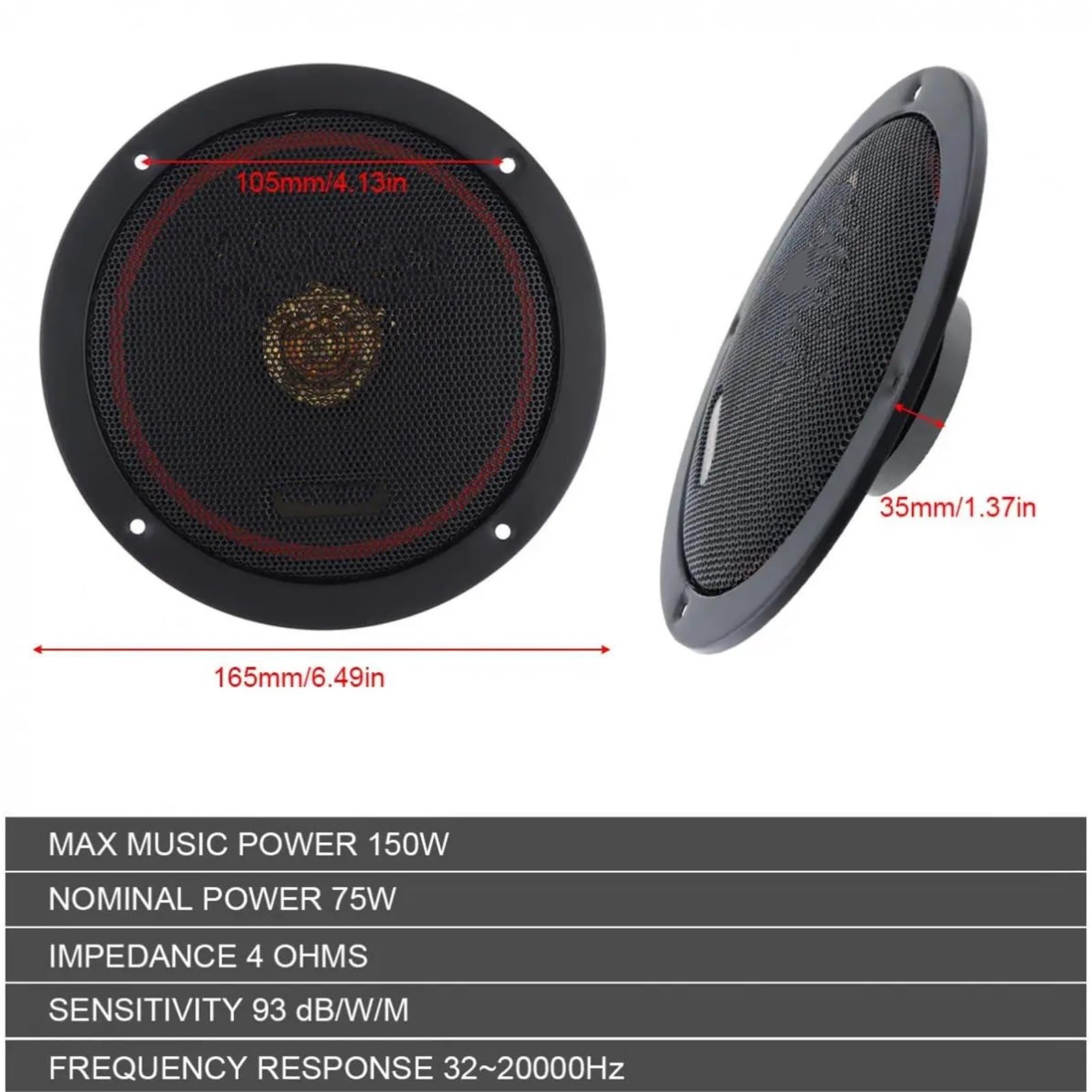 Głośnik Głośnik Wysokotonowy 2 szt. 6,5 cala 12 V 150 W samochodowy zestaw głośników współosiowych do drzwi pojazdu Auto muzyka stereo pełny zakres częstotliwości głośników