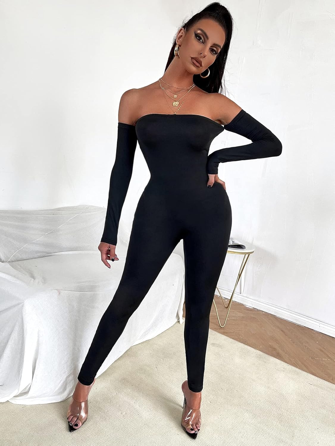 WDIRARA Women's Off The Shoulder Long Sleeve Bodycon Jumpsuit Skinny Long Pants - Image 5